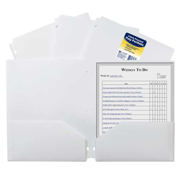 Two-Pocket Heavyweight Poly Portfolio Folder with Three-Hole Punch, White, Box of 25