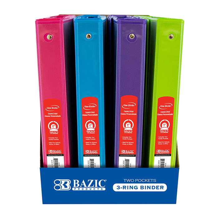 BAZIC 1" Asst. Neon Color 3-Ring View Binder w/ 2-Pockets