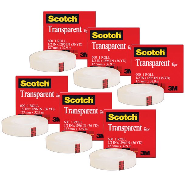 Transparent Tape Roll, 1/2" x 1296", Pack of 6