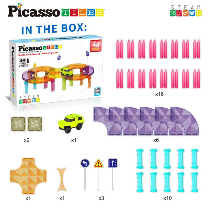 40pcs Magnetic Tile Race Track Play Set Led Car Travel Size