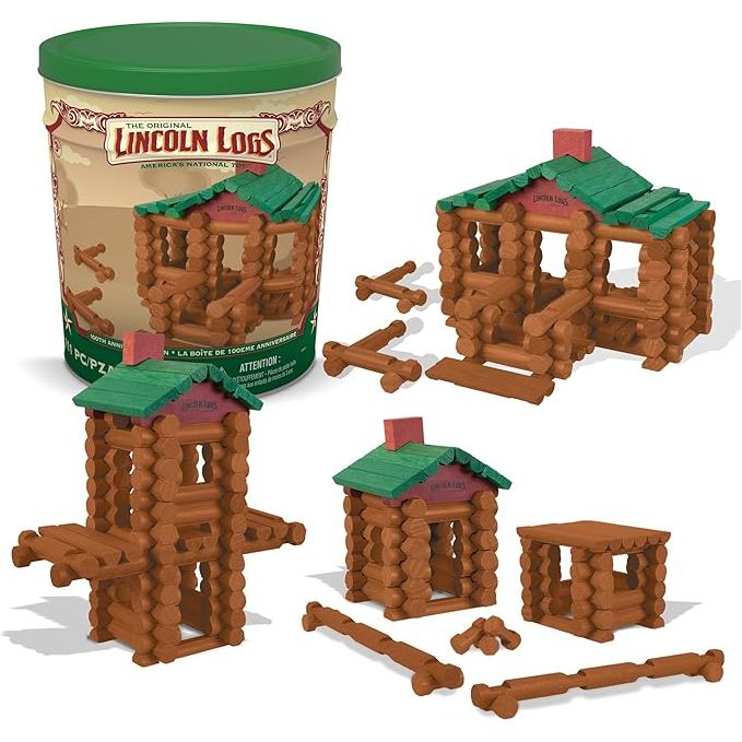 Lincoln Logs –100th Anniversary Tin-111 Pieces-Real Wood Logs