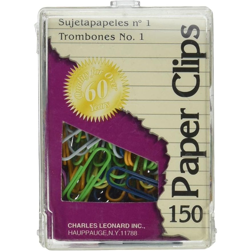 Charles Leonard Paper Clips in Reusable Box, Vinyl Coated, #1, 33mm, 150/Box (79033)