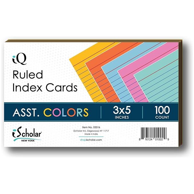 Index Cards, Ruled, Colored, 3 x 5- ASST Colors