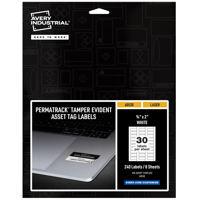 Permatrack Tamper-evident Asset Tag Labels, Laser Printers, 0.75 X 2, White, 30/sheet, 8 Sheets/pack