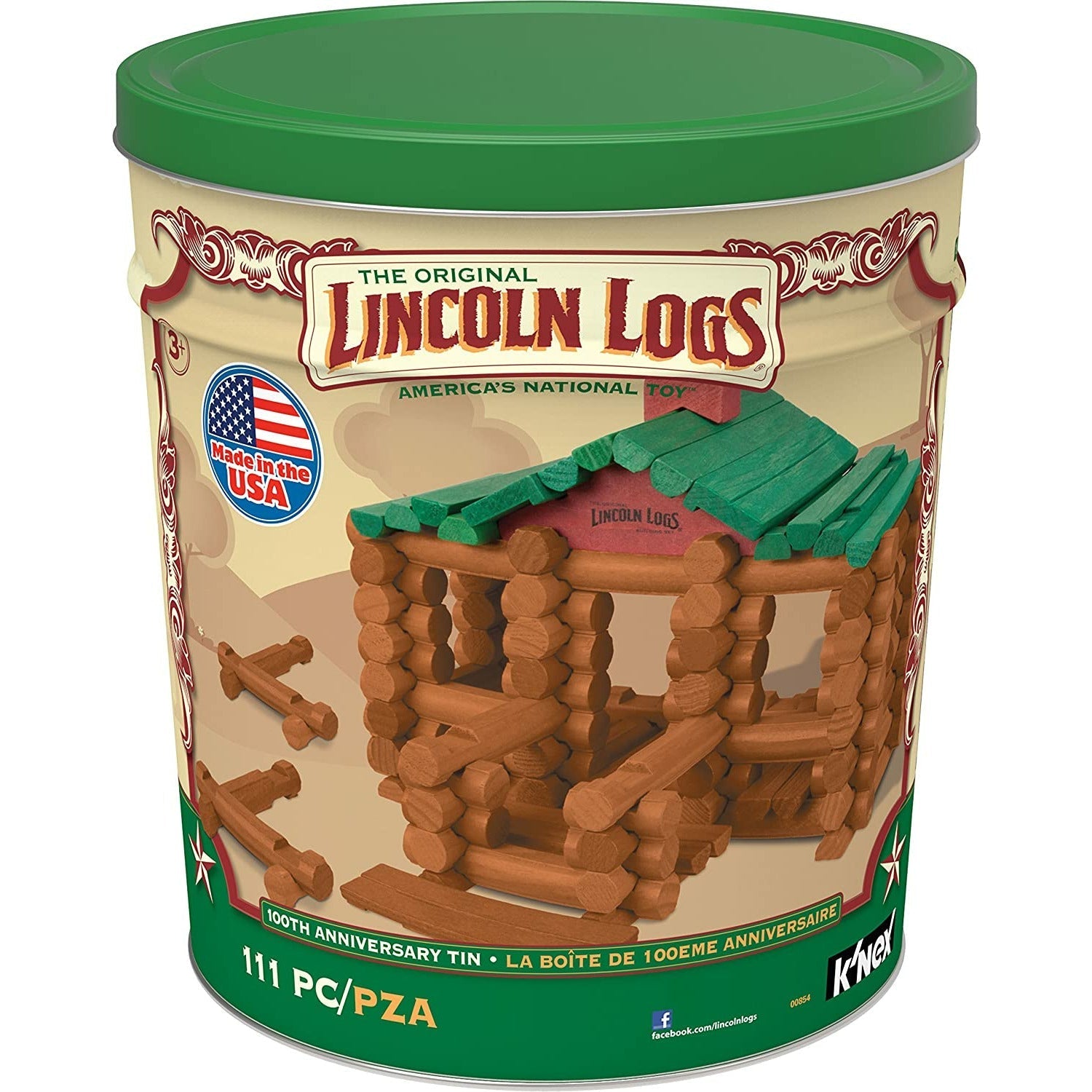 Lincoln Logs –100th Anniversary Tin-111 Pieces-Real Wood Logs