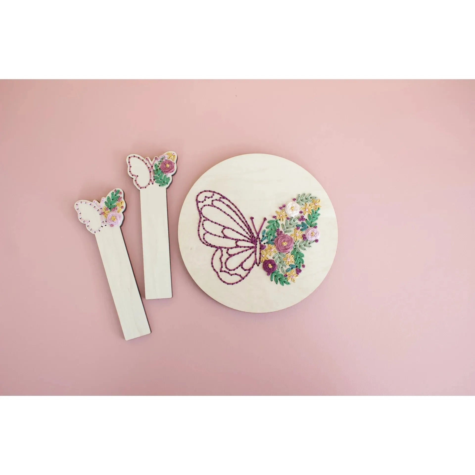 Wood Embroidery Kit - Floral Butterfly Round