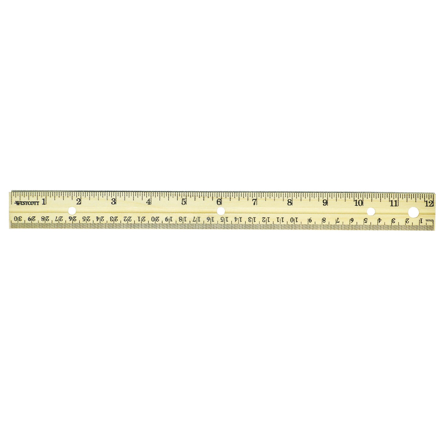 12" Hole Punched Wood Ruler English and Metric With Metal Edge, Pack of 36