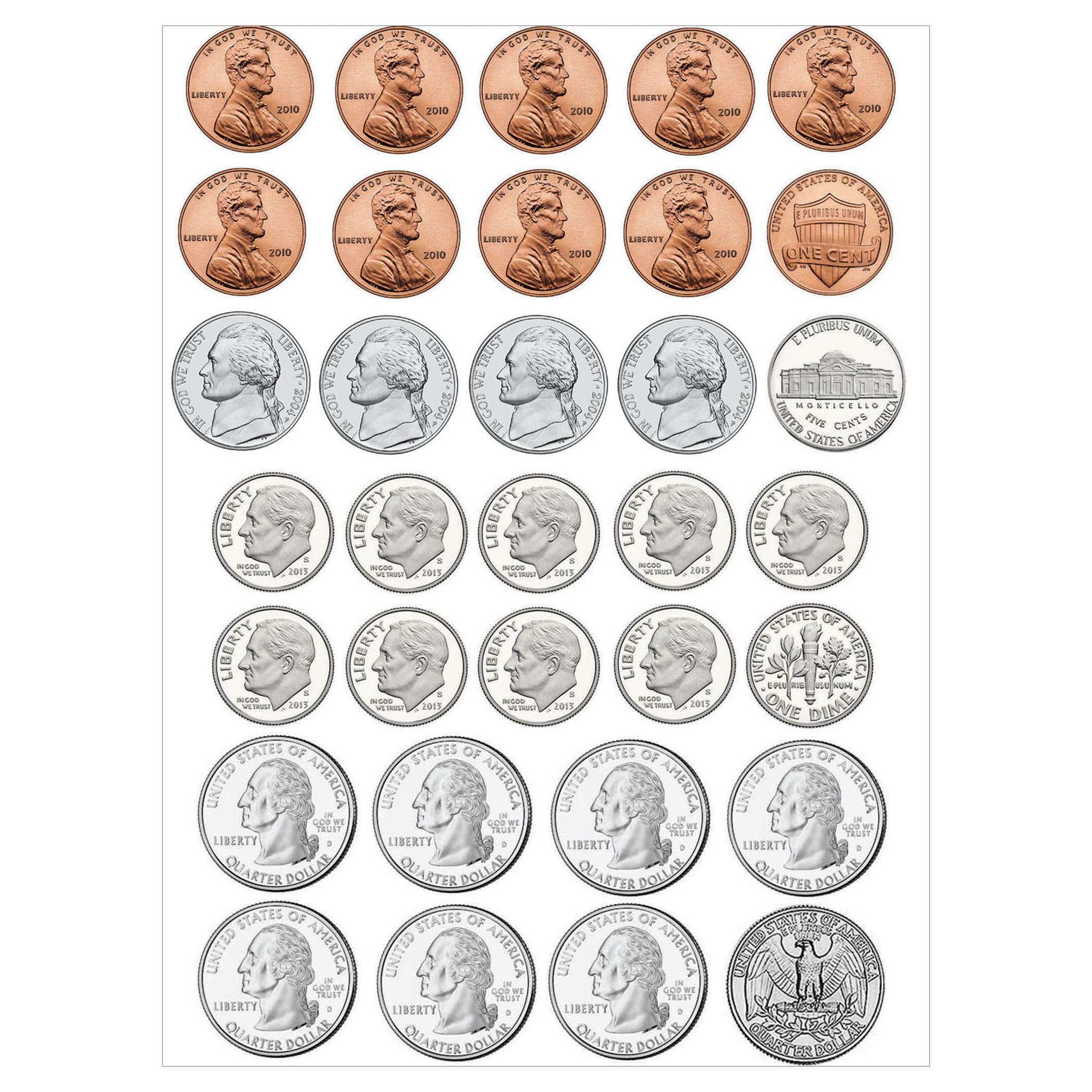 Math Die-Cut Magnets, U.S. Coins, 33 Per Pack, 6 Packs