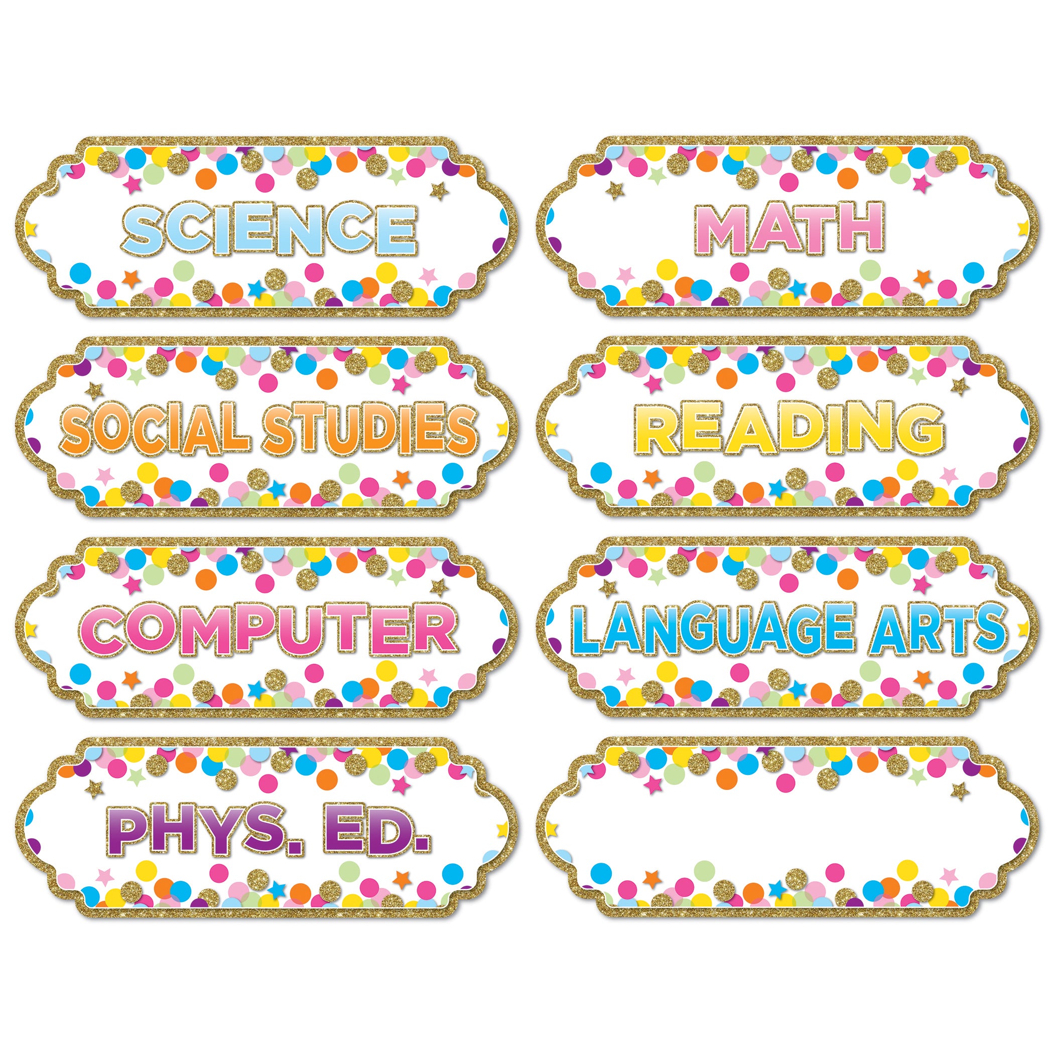 Magnetic Die-Cut Timesavers & Labels, Confetti Classroom Subjects, 8 Per Pack, 6 Packs