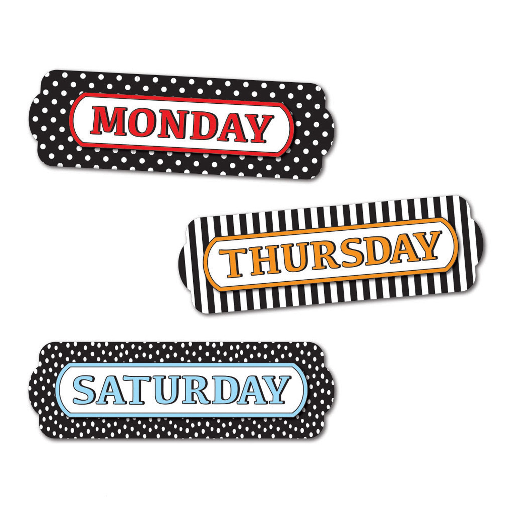 Magnetic Die-Cut Timesavers & Labels, Days of the Week, Black and White Assorted Patterns, 8 Per Pack, 6 Packs