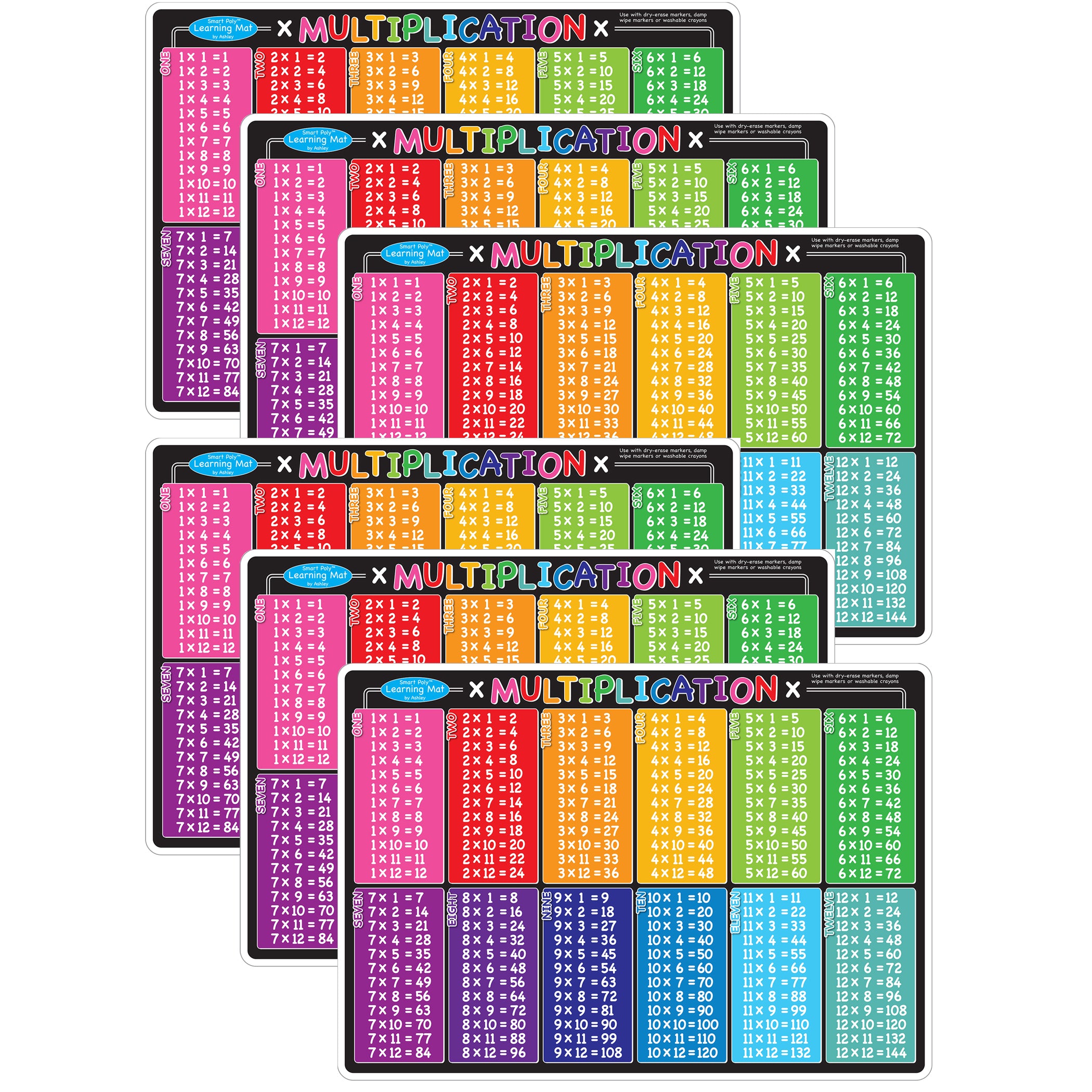 Smart Poly™ Learning Mat, 12" x 17", Double-Sided, Multiplication, Pack of 6