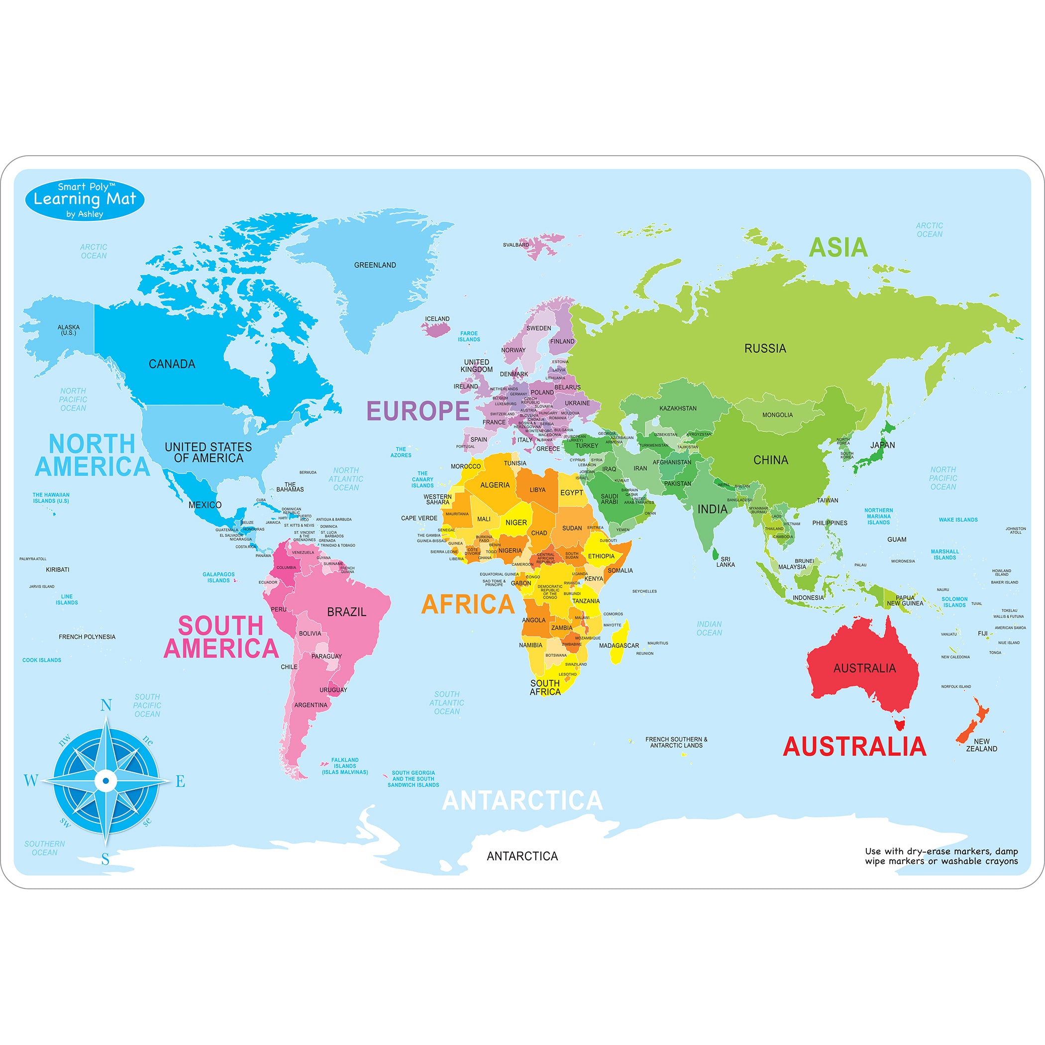 Smart Poly™ Learning Mats, 12" x 17", Double-Sided, World Basic Map, Pack of 10