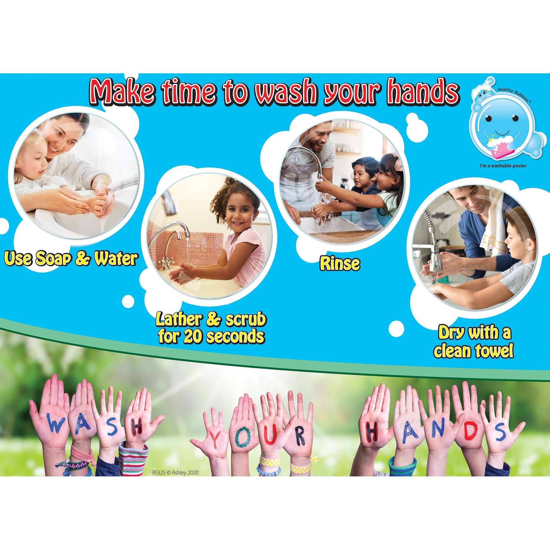 Smart Poly® PosterMat Pals™ Space Savers, 13" x 9-1/2", Time To Wash Hands, Pack of 10