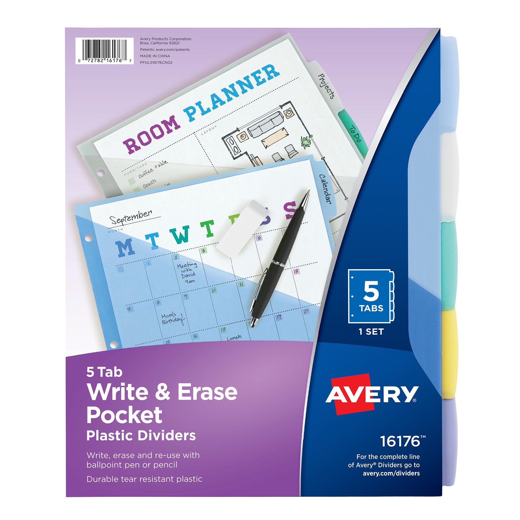 Write & Erase Durable Plastic Dividers with Pockets, 5-Tab Set, Multicolor, 3 Sets