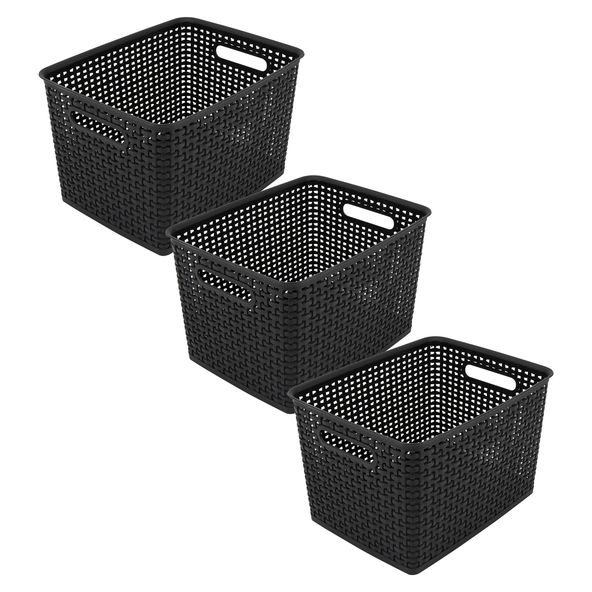 Plastic Weave Bin, Large, Black, Pack of 3