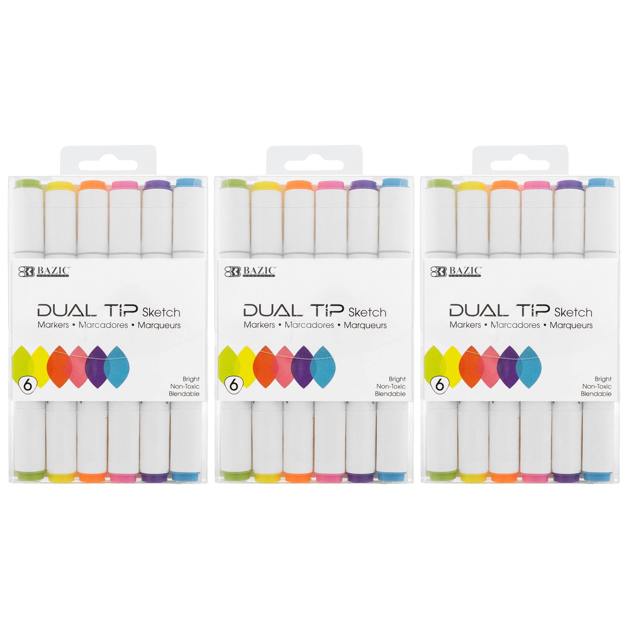 Dual Tip Sketch Markers, Fluorescent Colors, 6 Per Pack, 3 Packs