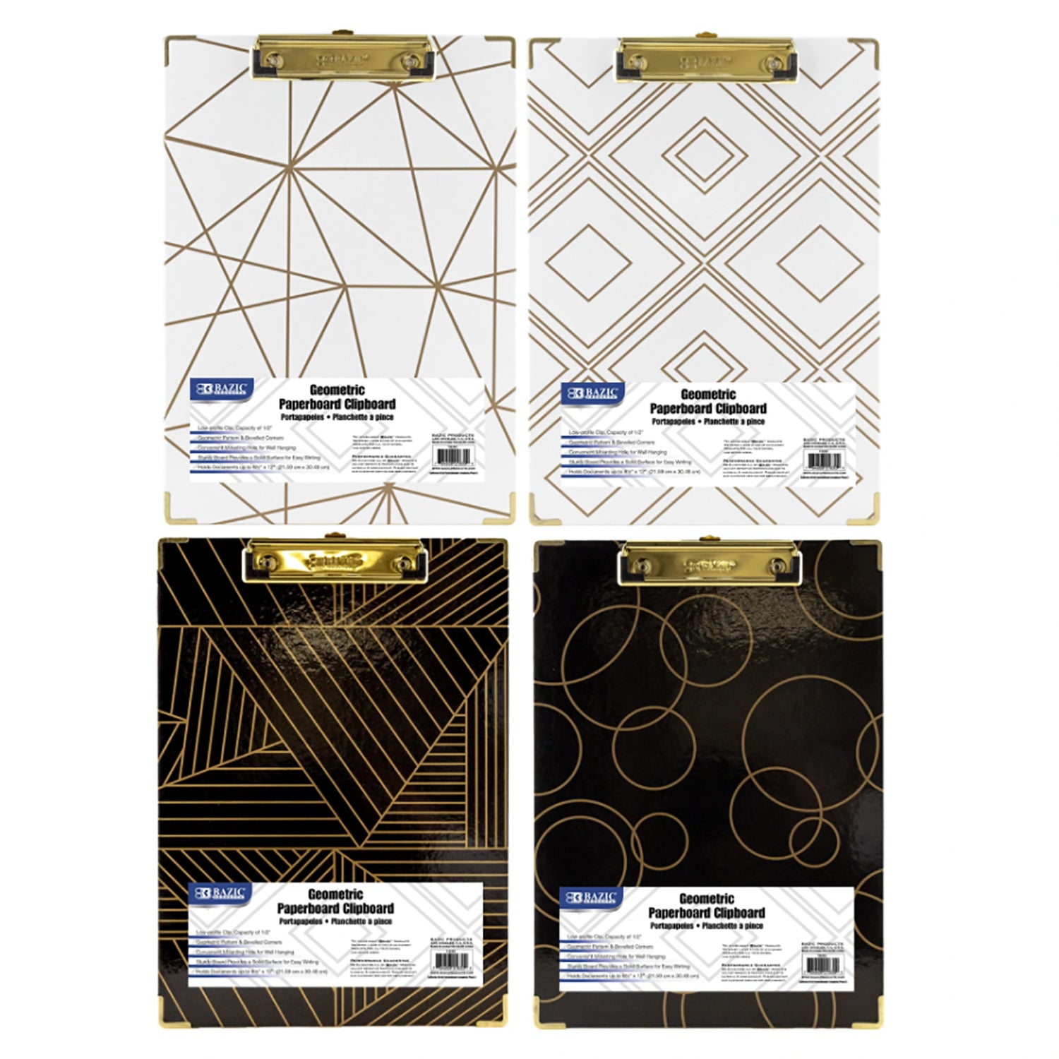 Paperboard Clipboard with Gold Low Profile Clip, Assorted Geometric Designs (No Design Choice), 12.9" x 9", Pack of 6