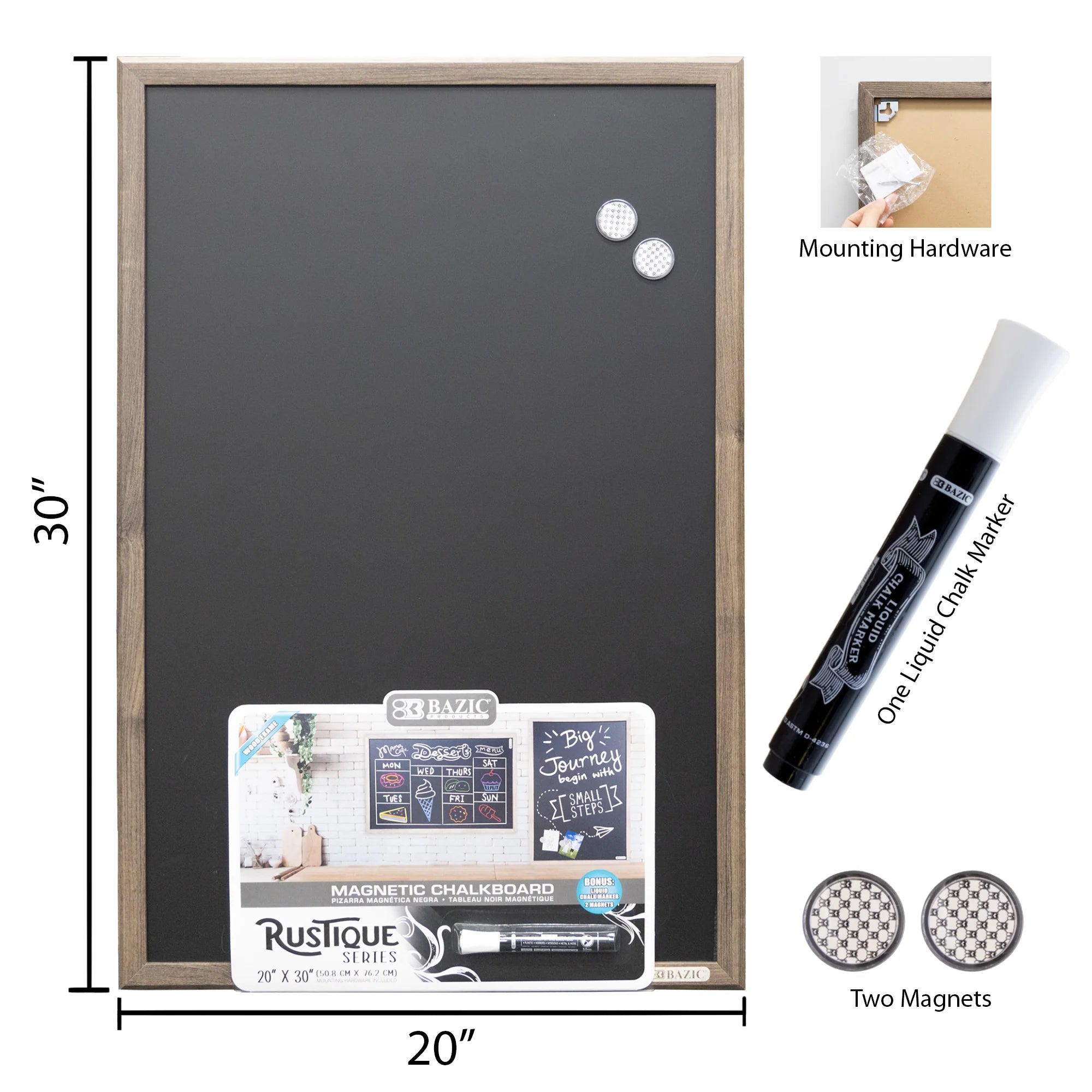 RUSTIQUE Wood Frame Magnetic Chalkboard, 20" x 30", Chalk Marker & Magnets