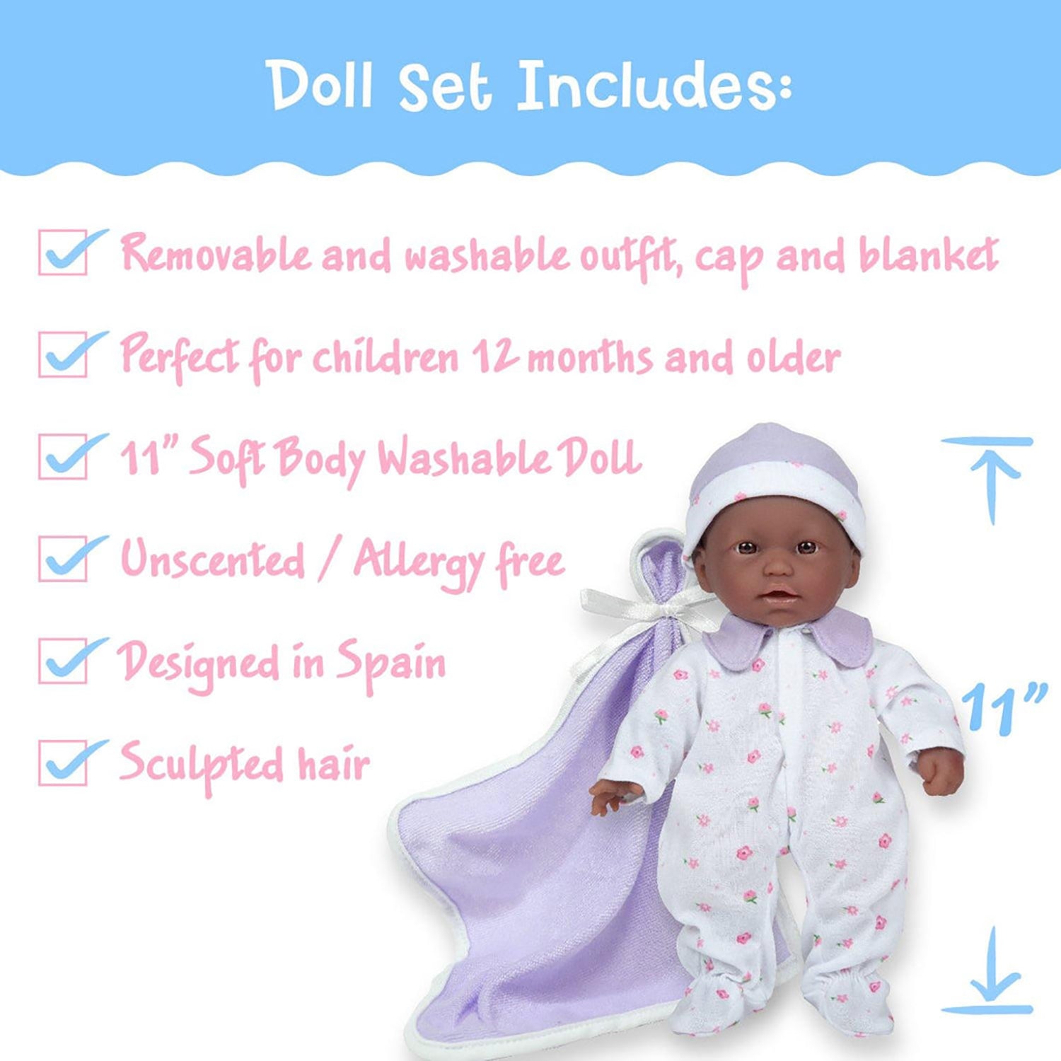 La Baby Soft 11" Baby Doll, Purple with Blanket, African-American