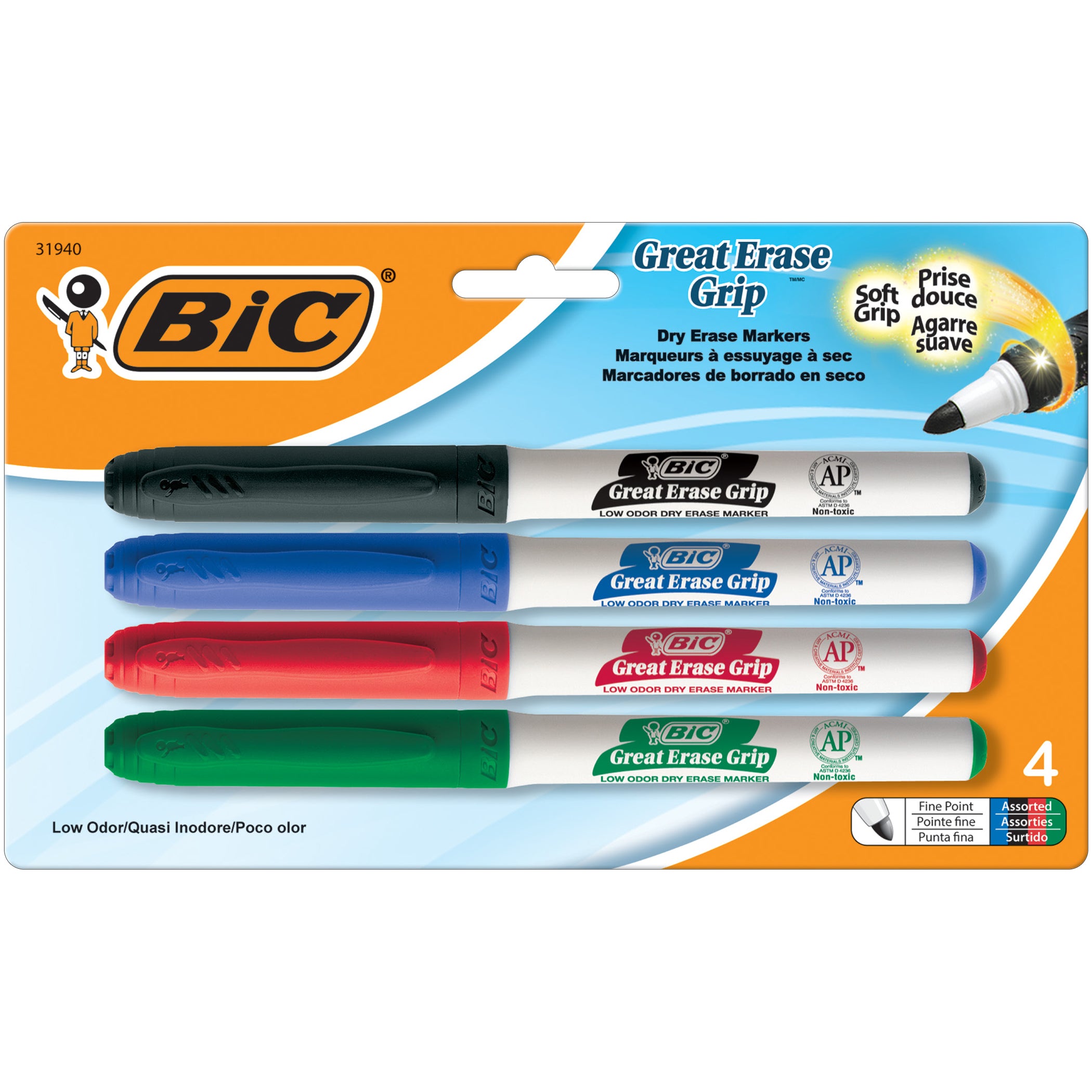 Great Erase® Low Odor Dry Erase Markers, Fine Point, Assorted Colors, 4 Per Pack, 6 Packs