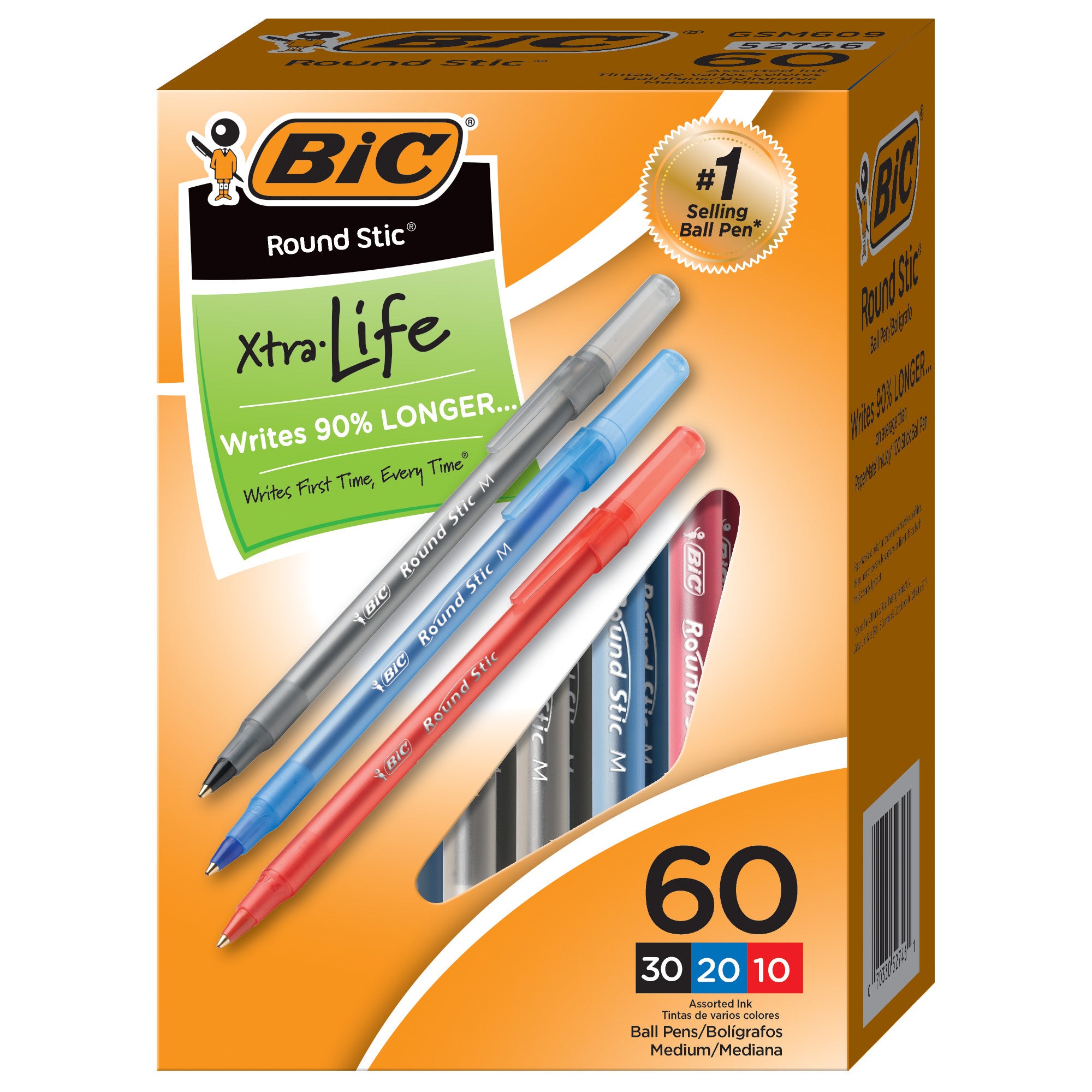 Round Stic® Xtra Life Ballpoint Pen, Medium Point (1.0mm), Assorted, 60 Per Box, 2 Boxes