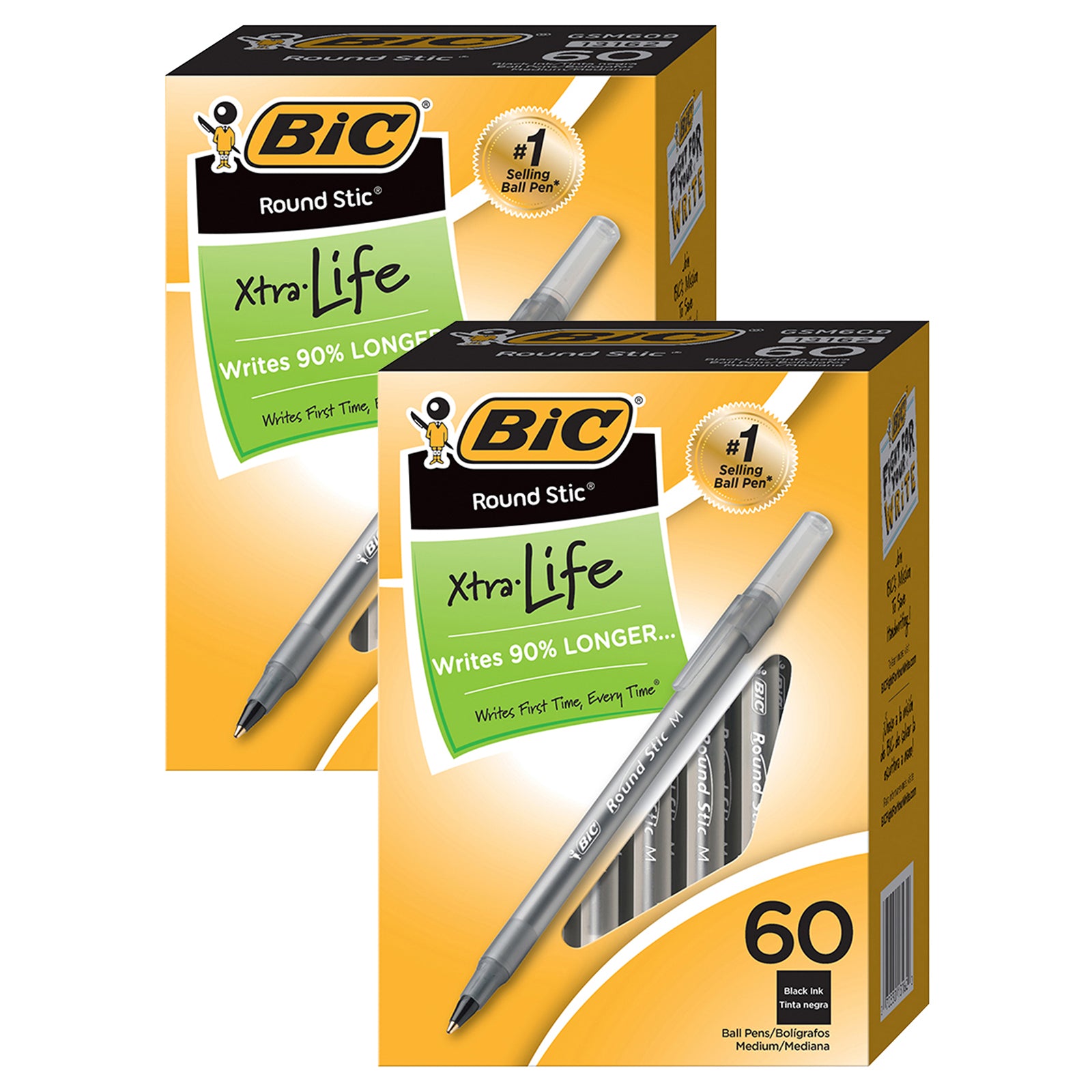 Round Stic® Xtra Life Ball Pen, Black, 60 Per Pack, 2 Packs