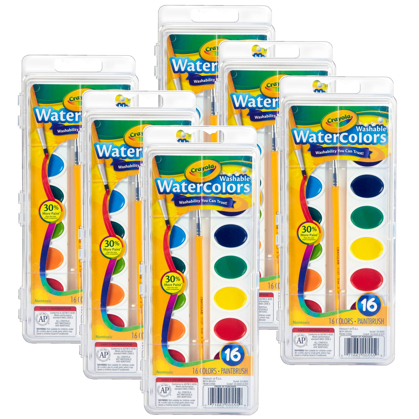 Washable Watercolors, 16 Semi-Moist Oval Pans & Brush, 6 Sets