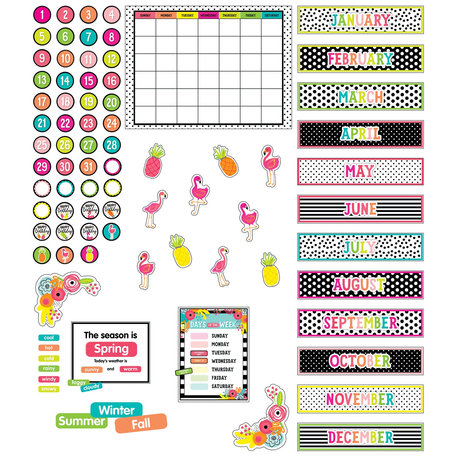 Simply Stylish Tropical Pineapple Calendar Bulletin Board Set, 92 Pieces