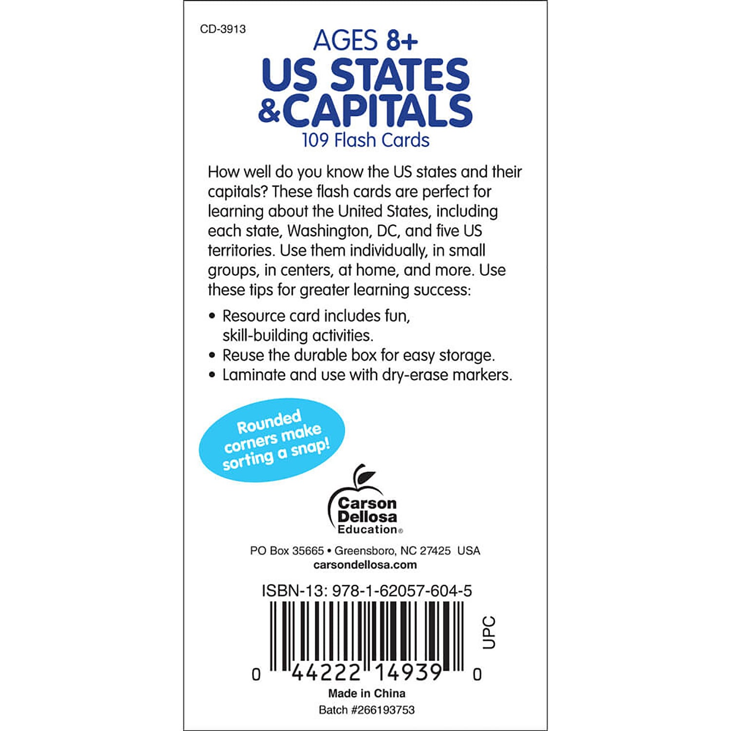 U.S. States & Capitals Flash Cards, Grade 3-5, Pack of 3