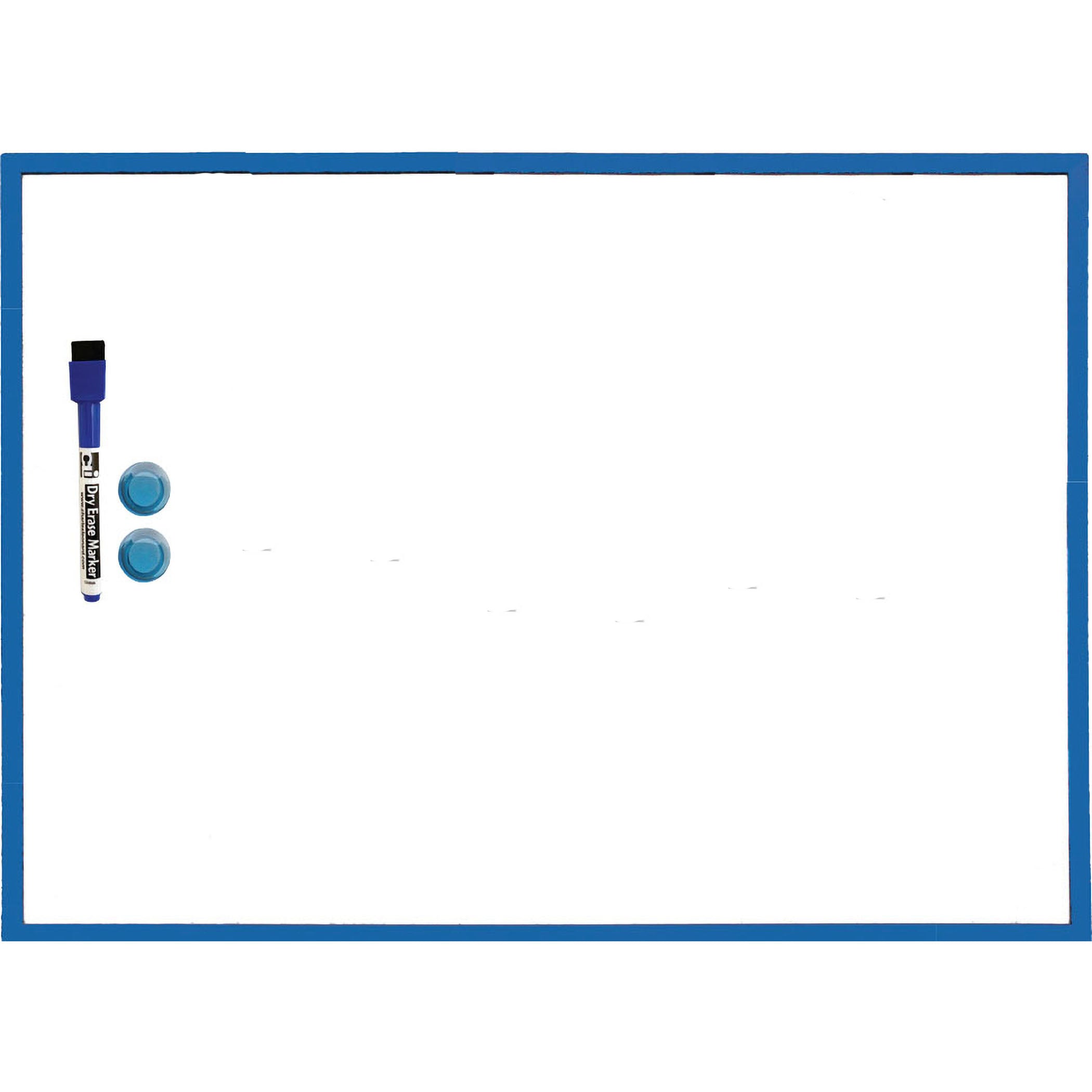 Magnetic Dry Erase Board, 17" x 23", w/Eraser/Marker and 2 Magnets, Blue Frame, 1 Each