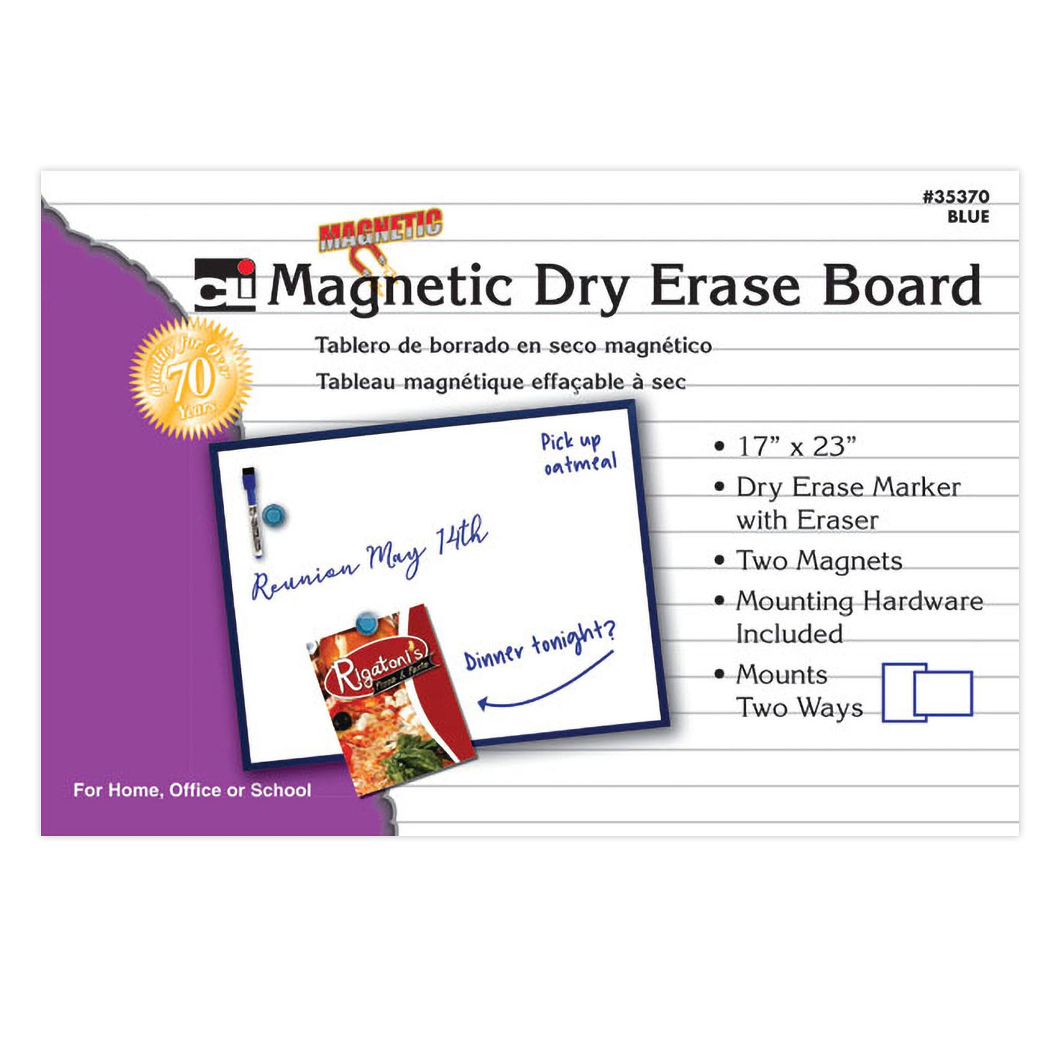 Magnetic Dry Erase Board, 17" x 23", w/Eraser/Marker and 2 Magnets, Blue Frame, 1 Each