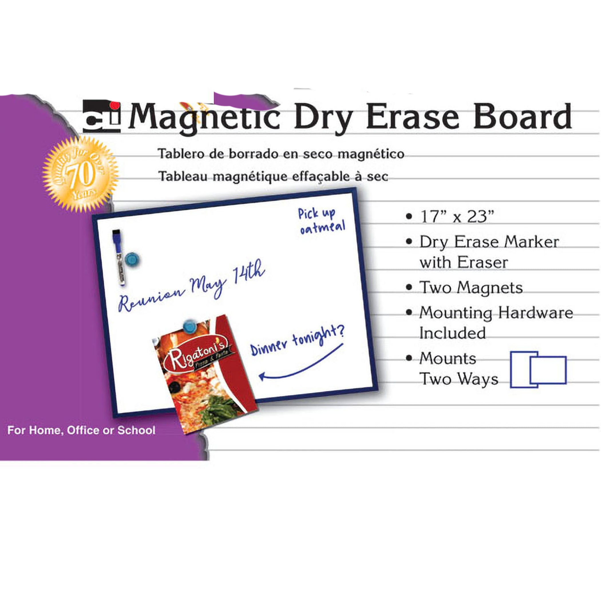 Magnetic Dry Erase Board, 17" x 23", w/Eraser/Marker and 2 Magnets, Gray Frame, 1 Each