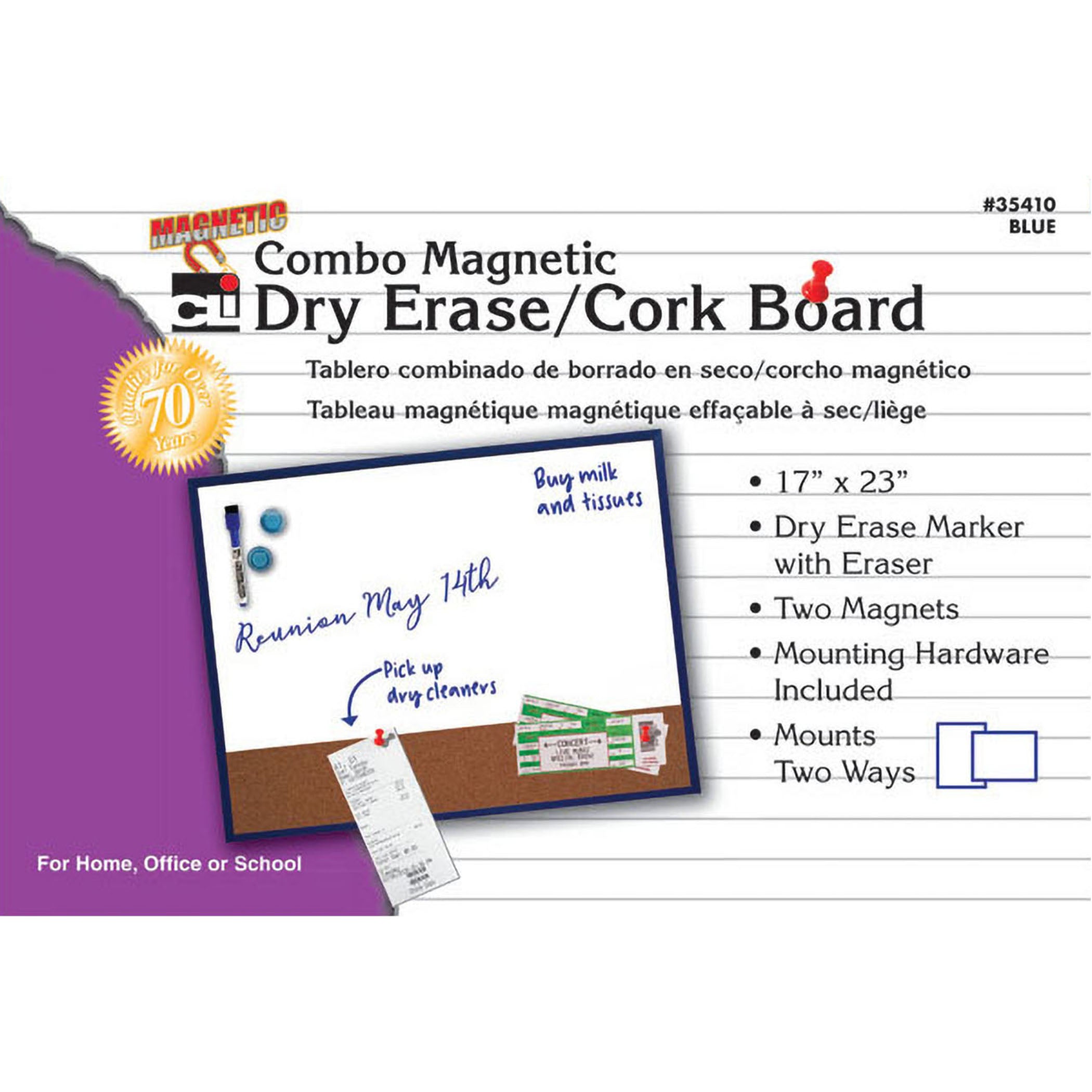 Magnetic Dry Erase Board with Cork Board, 17" x 23", w/Eraser/Marker and 2 Magnets, Blue Frame, 1 Each