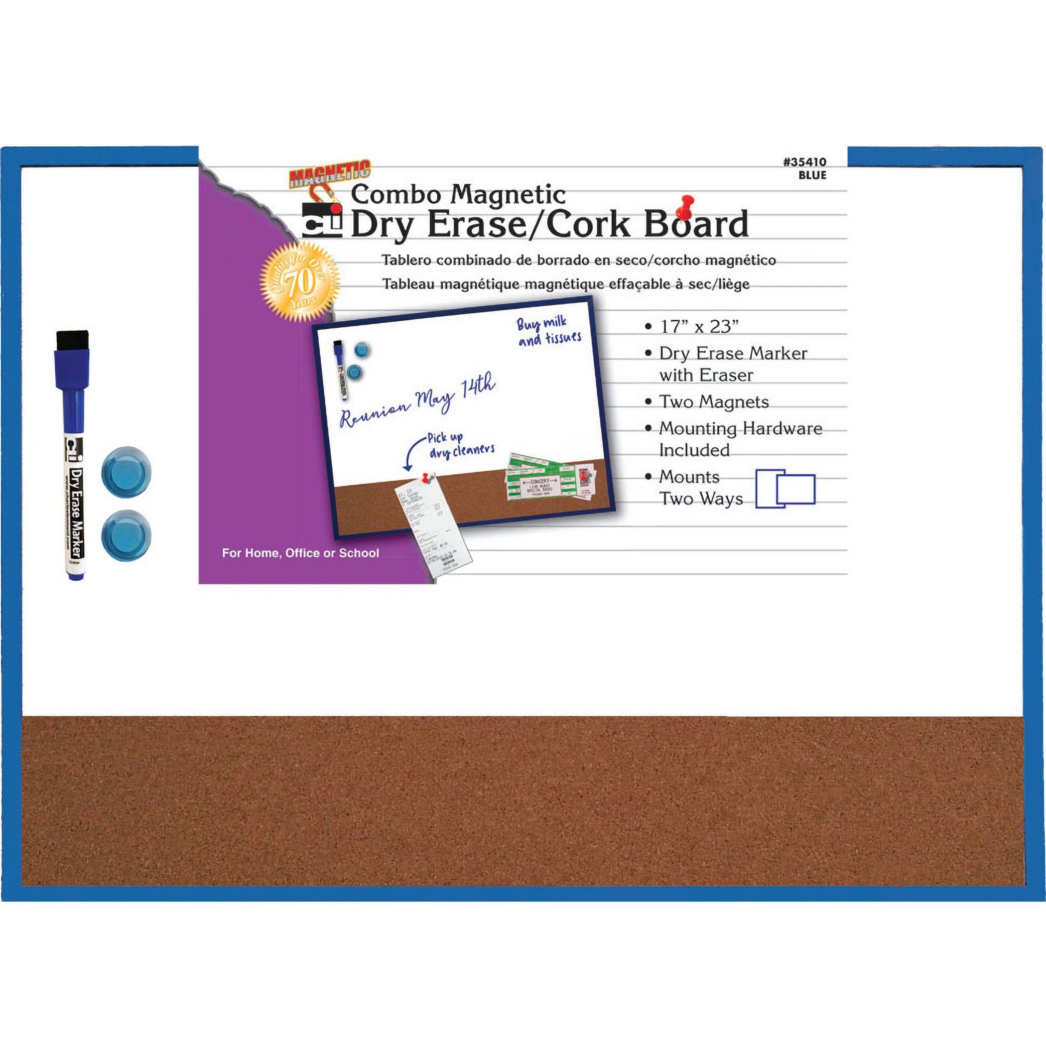 Magnetic Dry Erase Board with Cork Board, 17" x 23", w/Eraser/Marker and 2 Magnets, Blue Frame, 1 Each