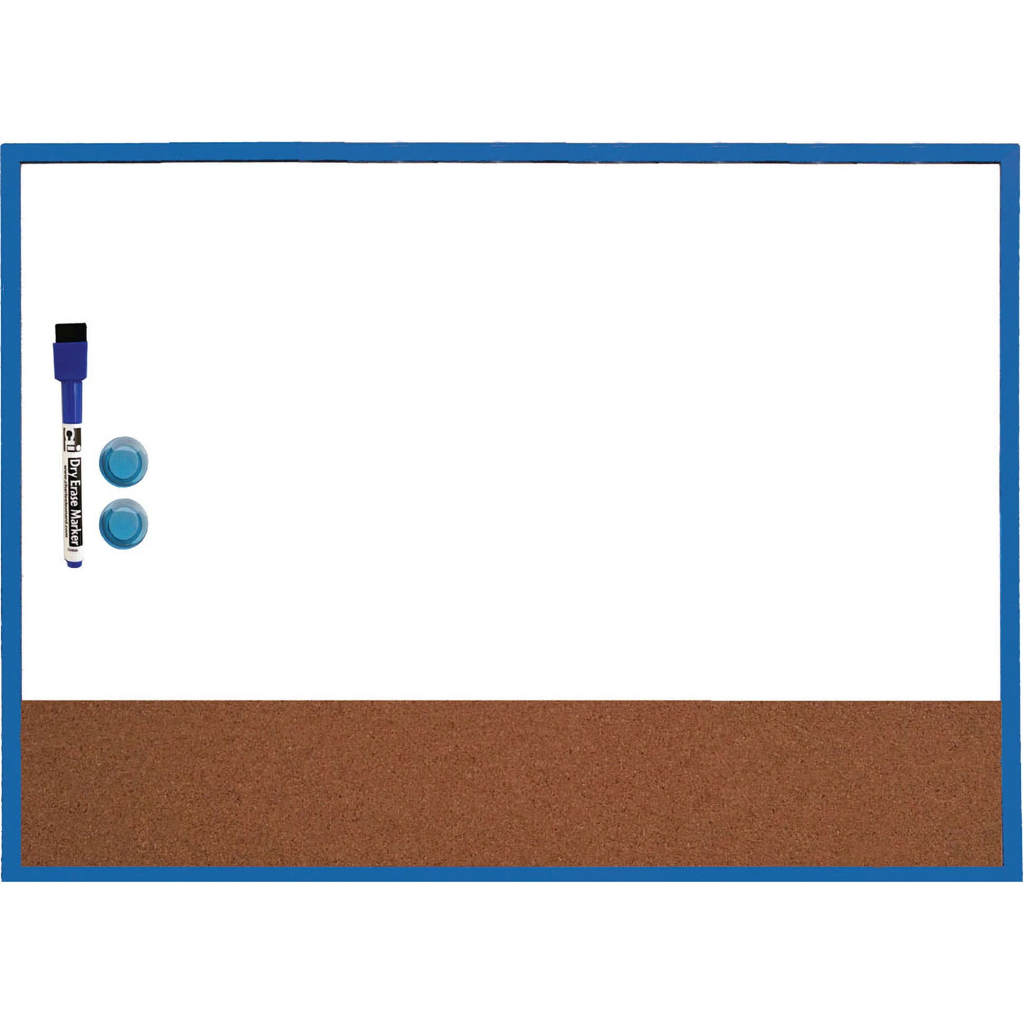 Magnetic Dry Erase Board with Cork Board, 17" x 23", w/Eraser/Marker and 2 Magnets, Blue Frame, 1 Each