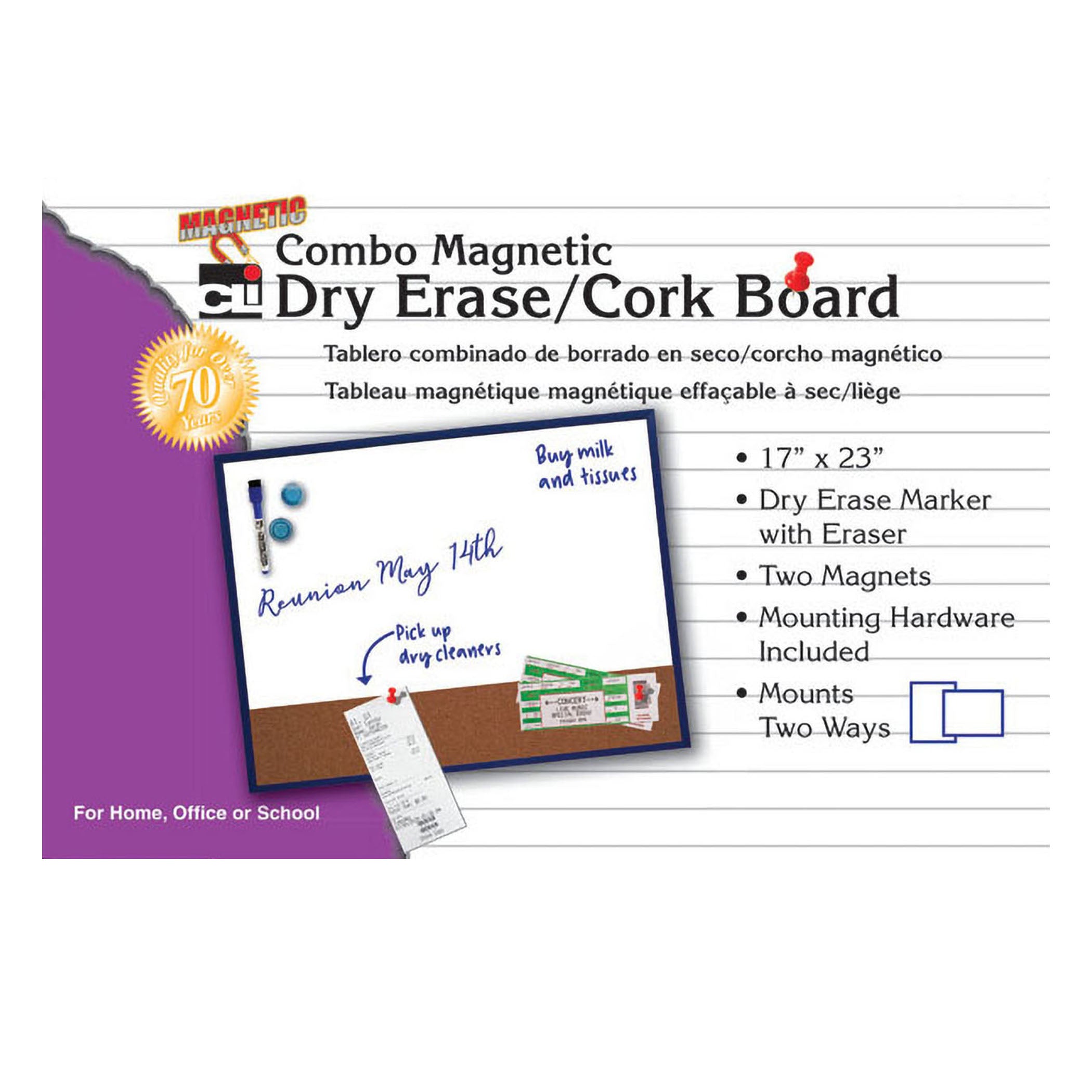 Magnetic Dry Erase Board with Cork Board, 17" x 23", w/Eraser/Marker and 2 Magnets, Gray Frame, 1 Each