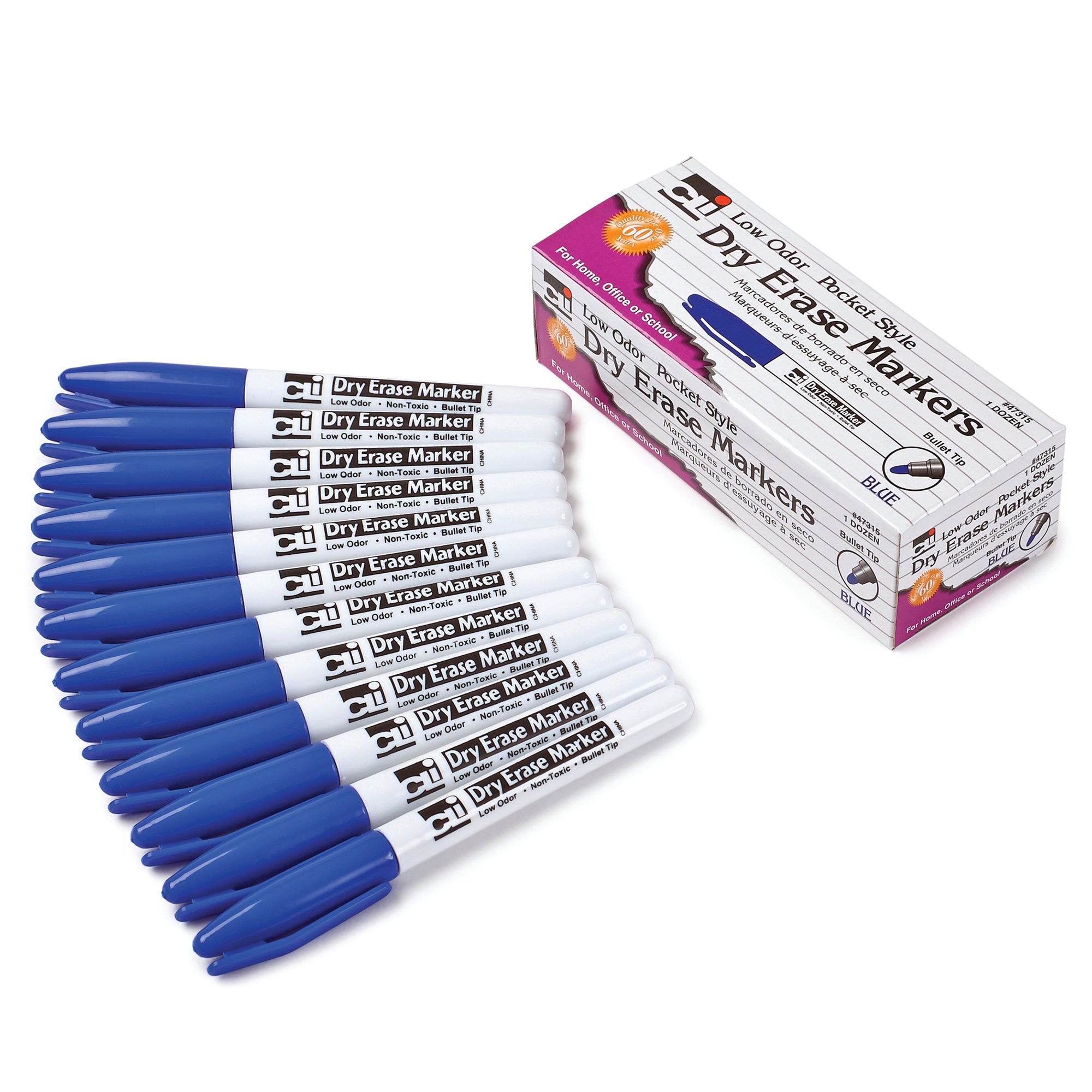 Dry Erase Markers, Low Odor, Pocket Style, Bullet Tip, Blue, 12 Per Box, 3 Boxes