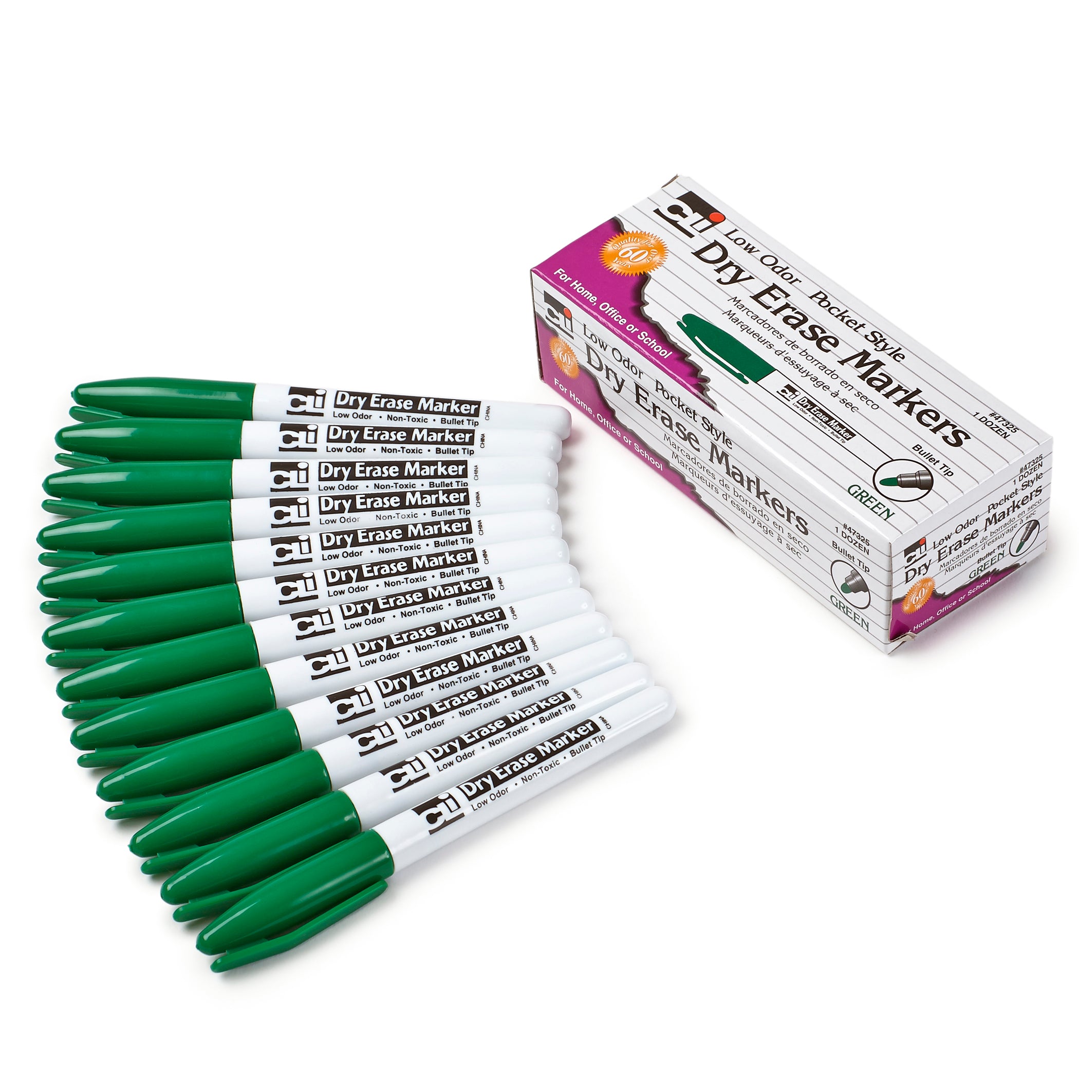 Dry Erase Markers, Low Odor, Pocket Style, Bullet Tip, Green, 12 Per Box, 3 Boxes