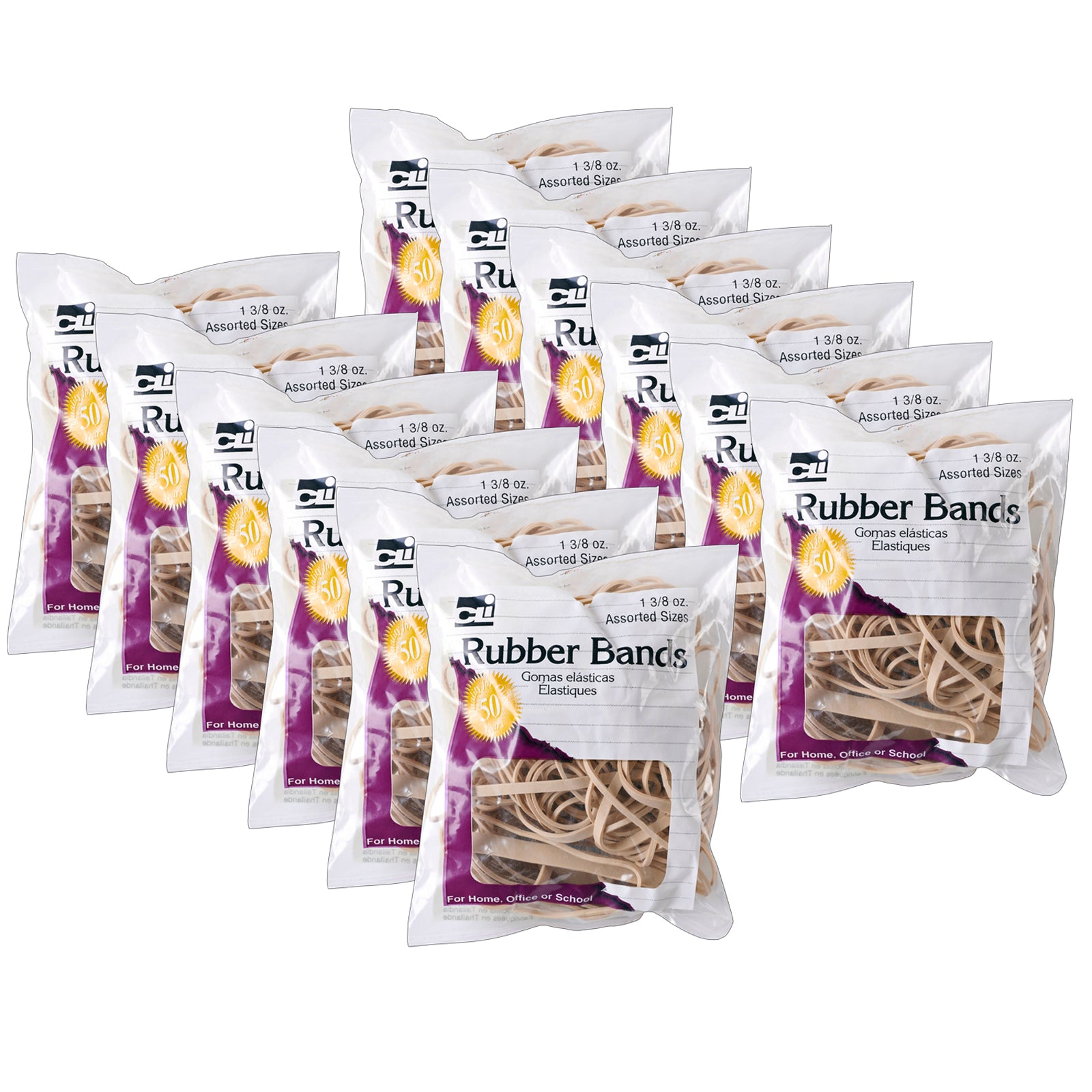 Rubber Bands, Natural Color, 1-3/8oz Bag, 12 Bags