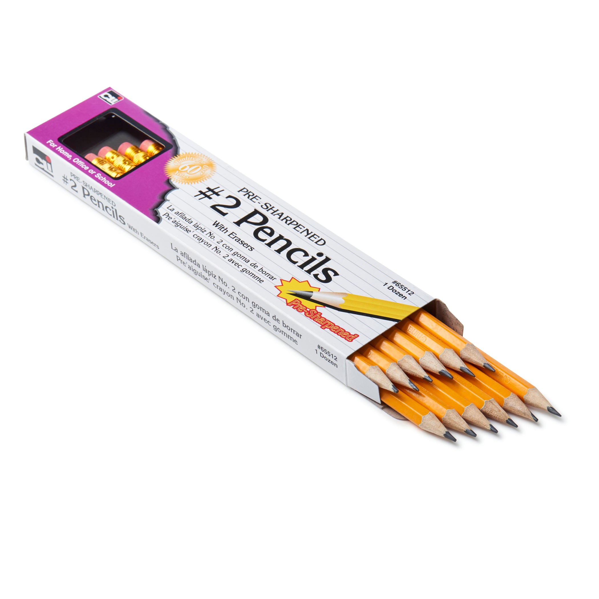 No. 2 Pencil with Eraser, Pre-Sharpened, Yellow, 12 Per Pack, 12 Packs