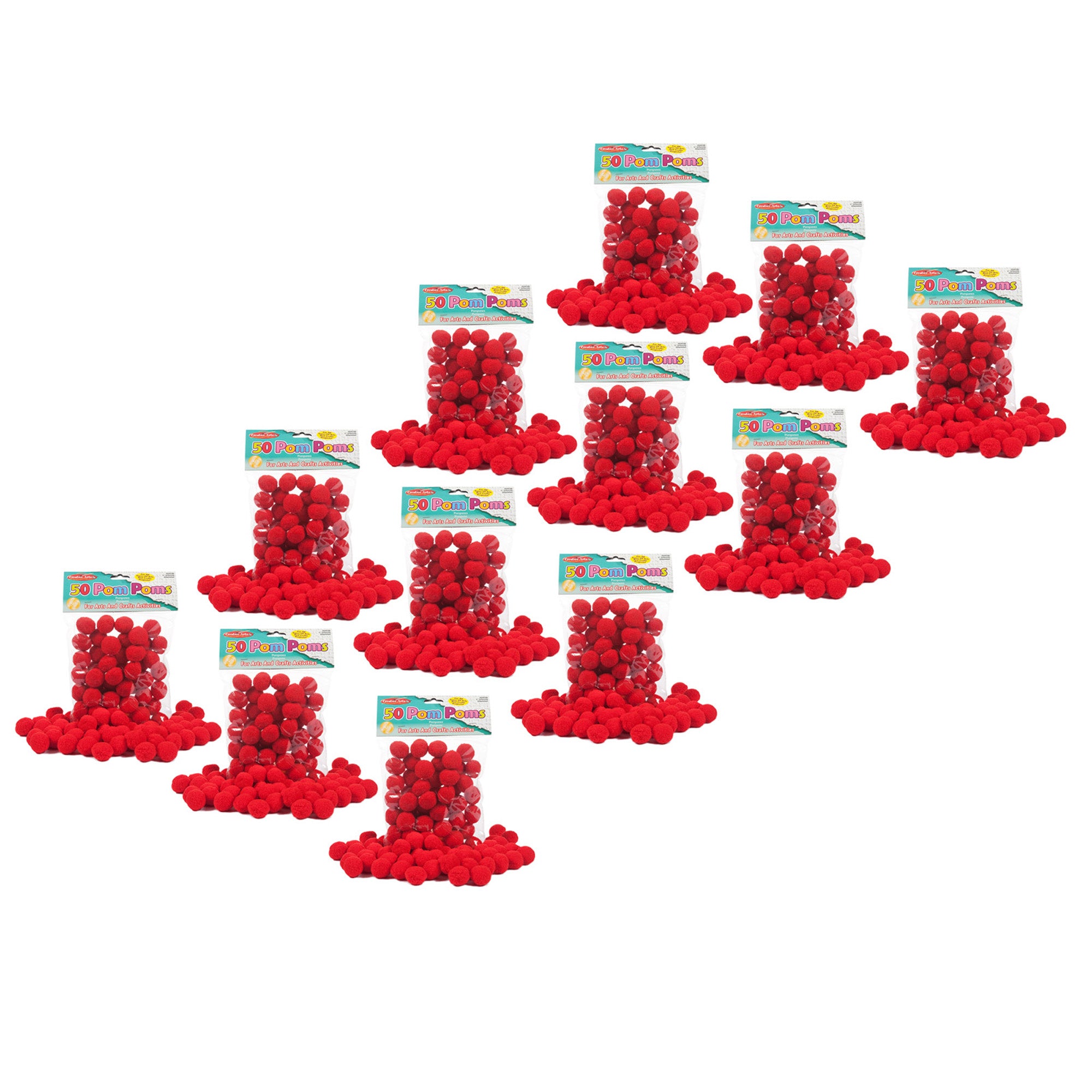 Pom-Poms 1", Red, 50 Per Pack, 12 Packs