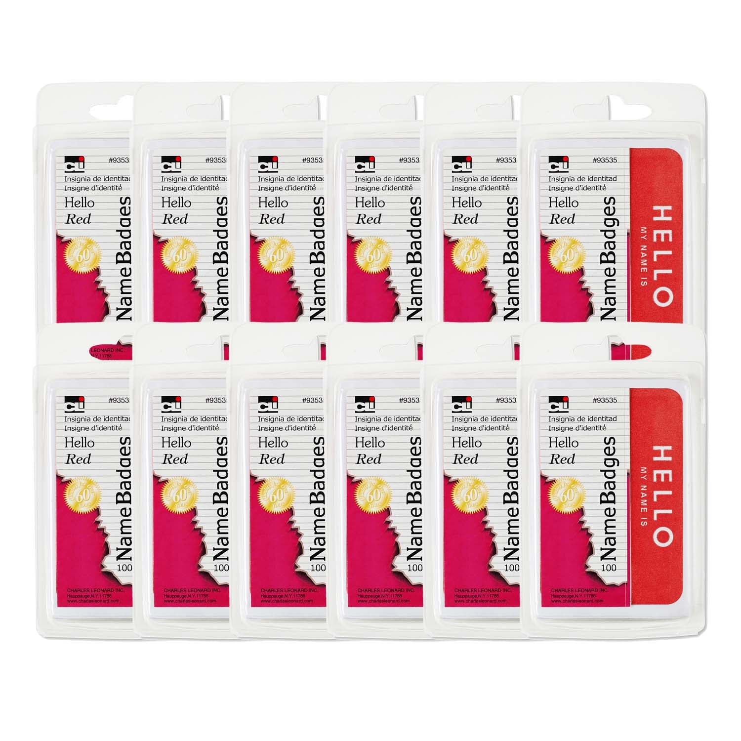 Self-Adhesive Name Badges, Hello, Red, 100 Per Pack, 12 Packs