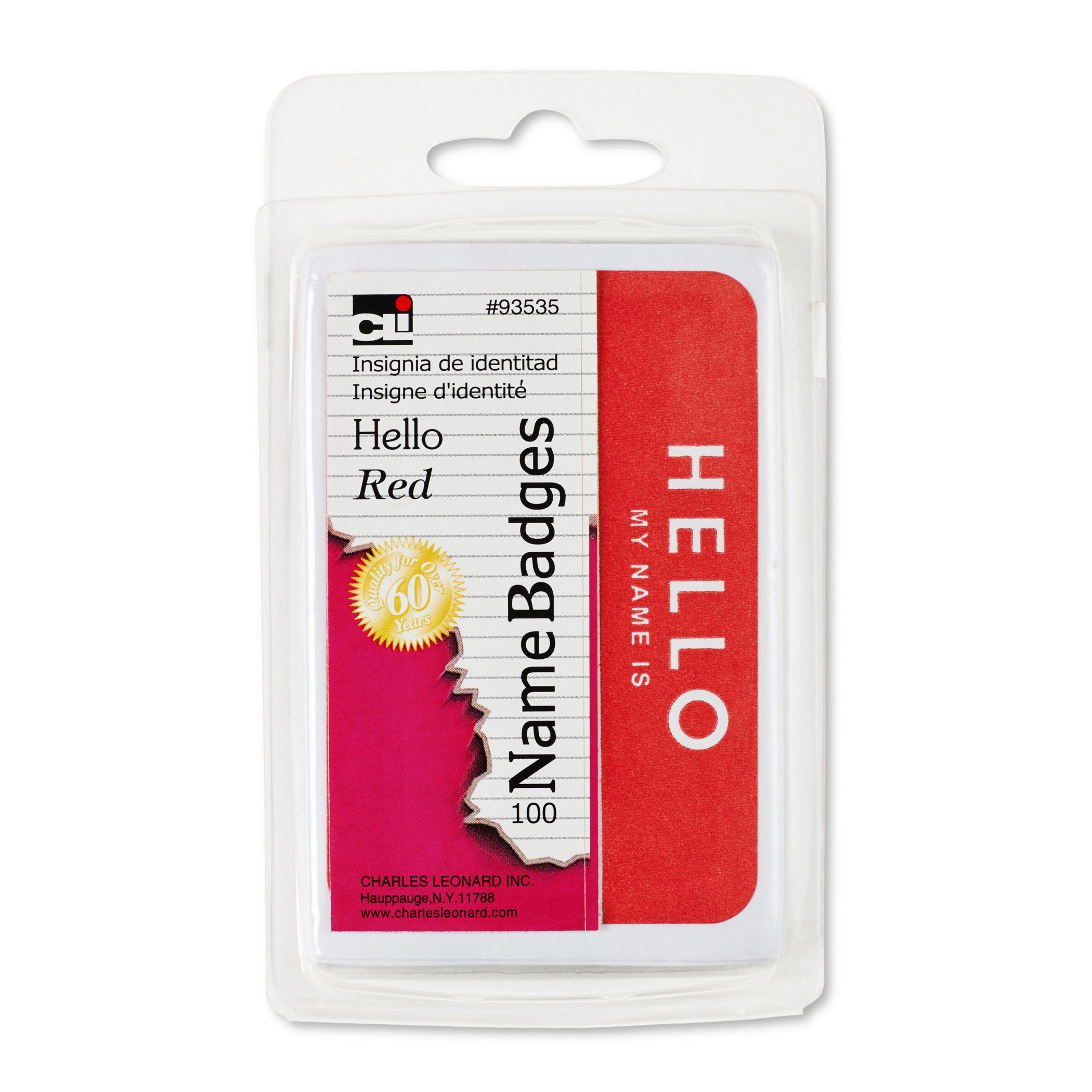 Self-Adhesive Name Badges, Hello, Red, 100 Per Pack, 12 Packs