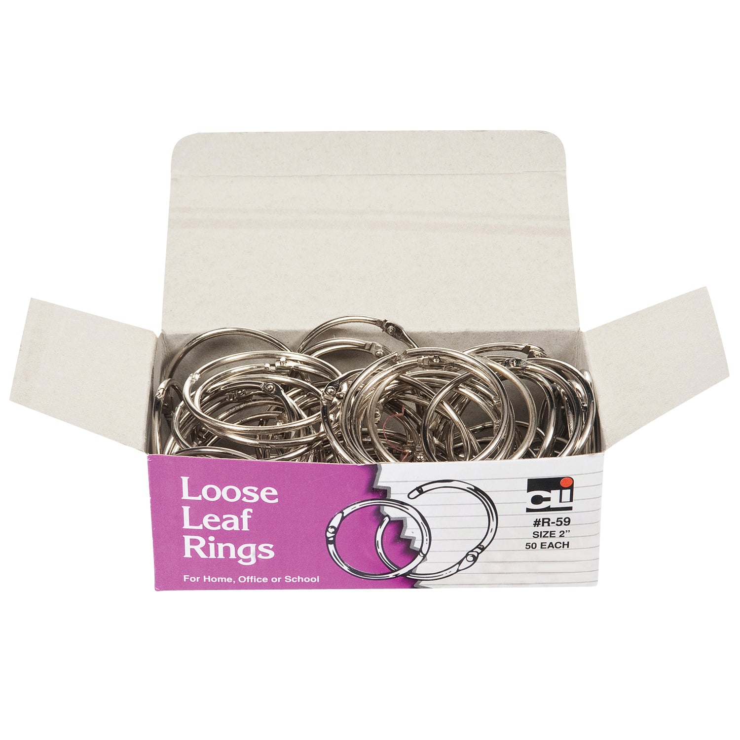 Loose Leaf Rings with Snap Closure, Nickel Plated, 2 Inch Diameter, 50 Per Box, 2 Boxes - A1 School Supplies