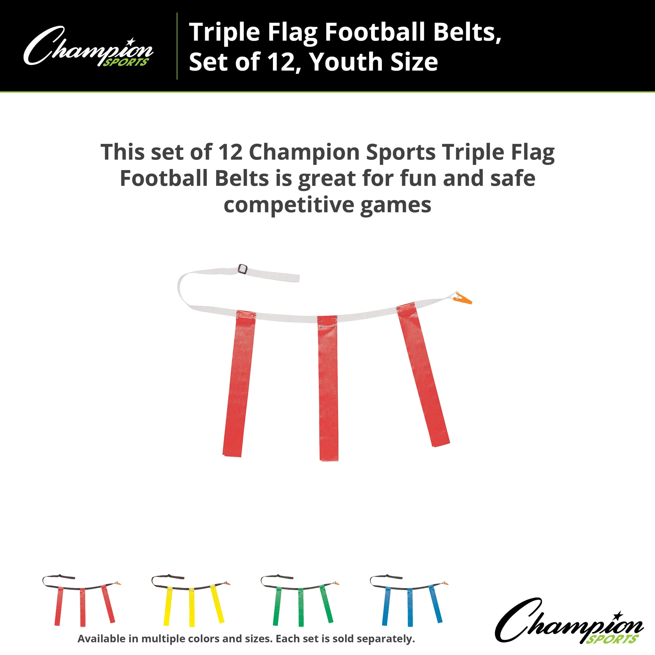 Triple Flag Football Set, Youth Size, Red, 25"-31", 12 per pack