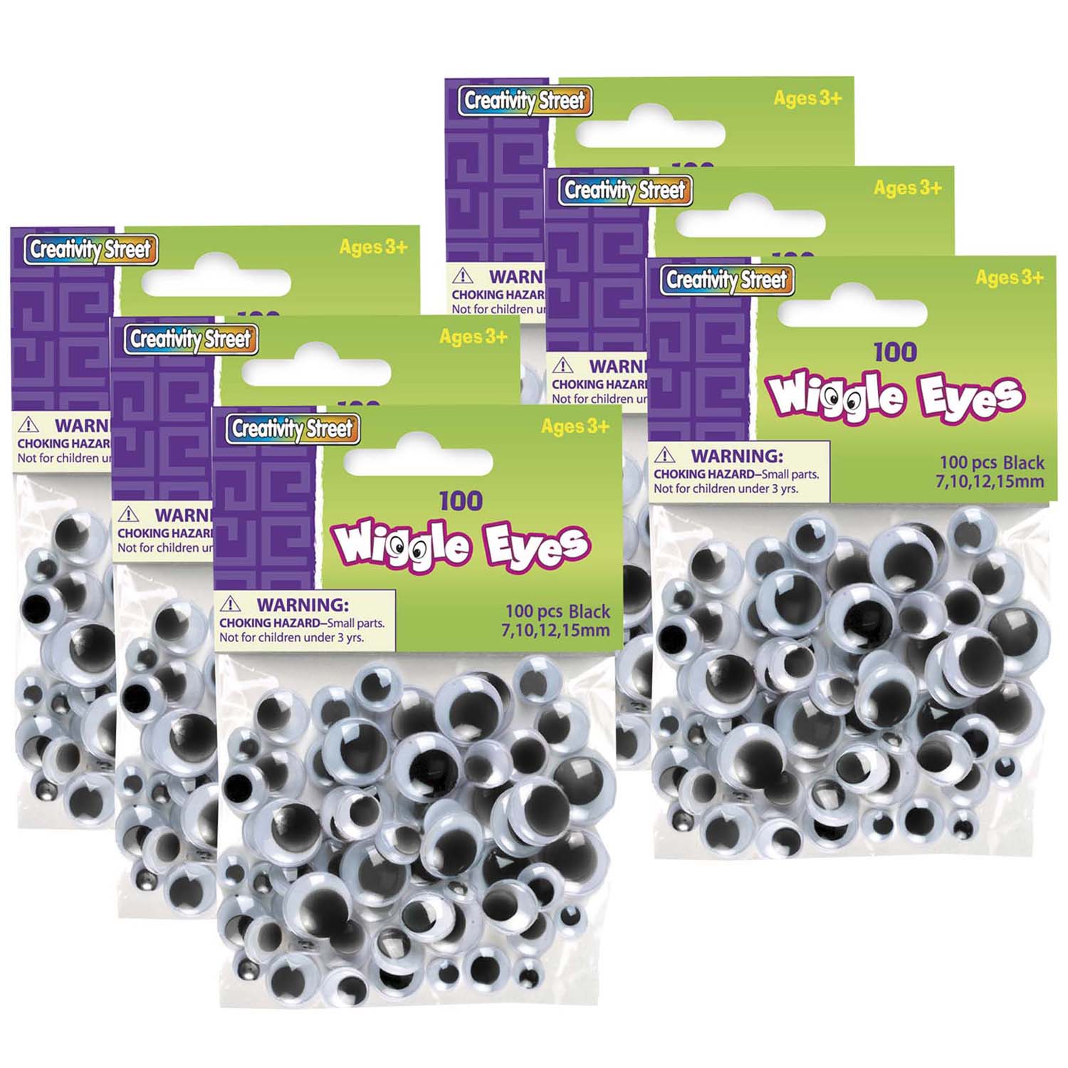 Wiggle Eyes, Black, Assorted Sizes, 100 Pieces Per Pack, 6 Packs