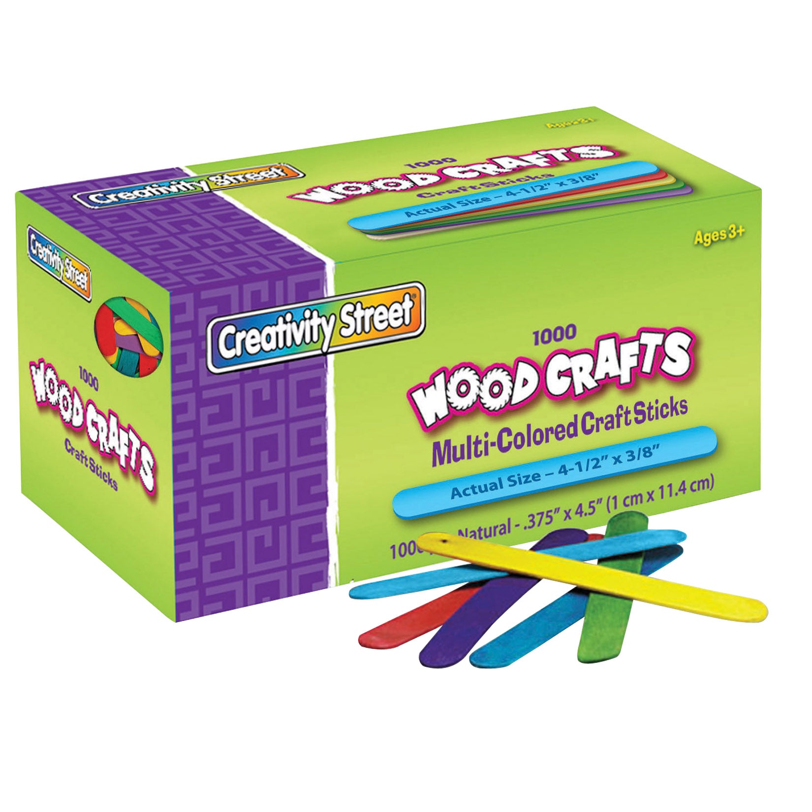 Regular Craft Sticks, Bright Hues Assorted, 4-1/2" x 3/8", 1000 Per Pack, 2 Packs