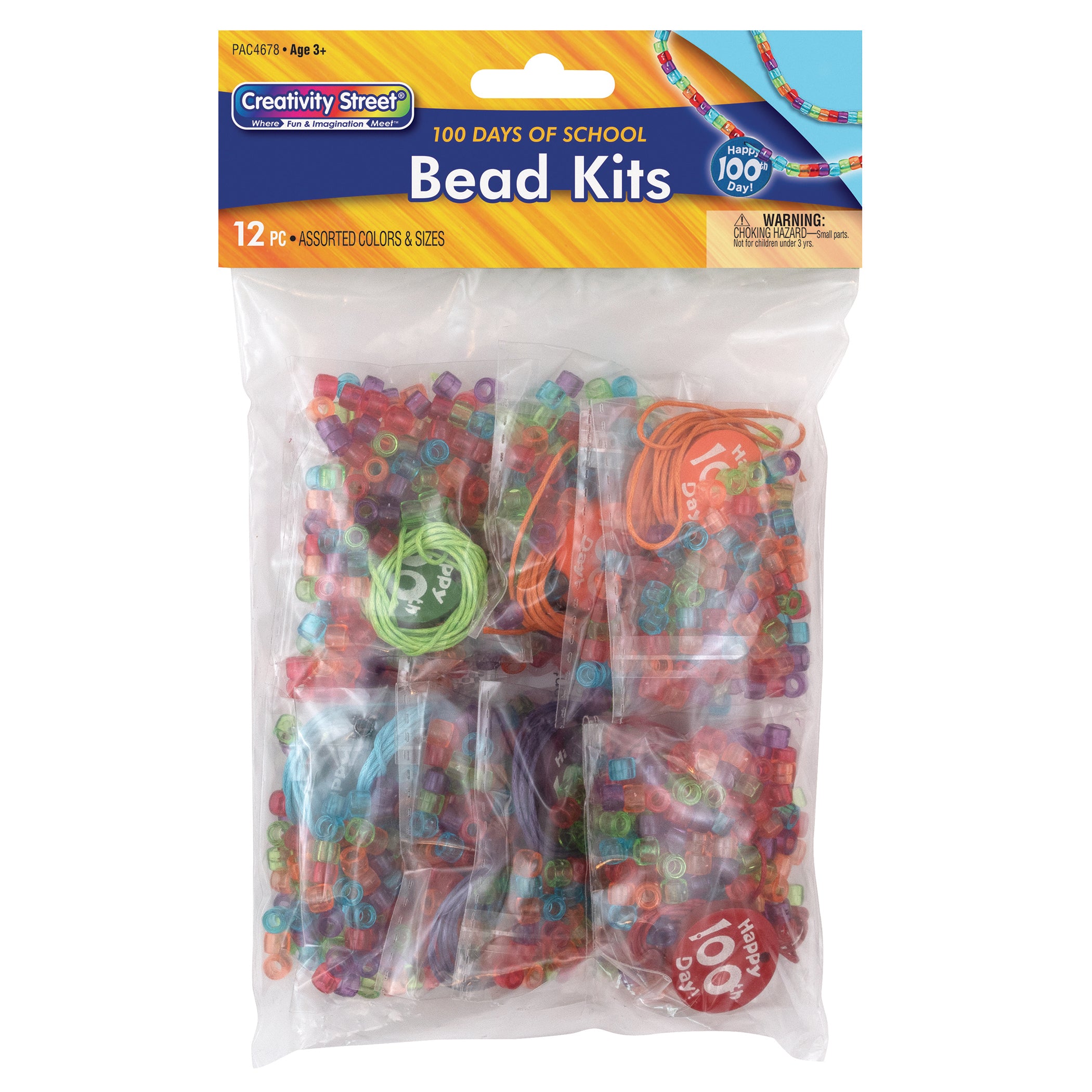 100 Days of School Bead Kit, Assorted Sizes, 12 Kits Per Pack, 3 Packs