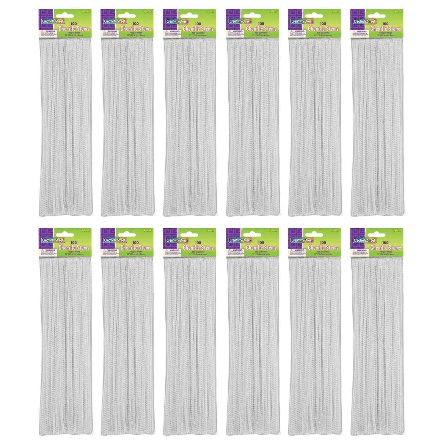 Regular Stems, White, 12" x 4 mm, 100 Per Pack, 12 Packs