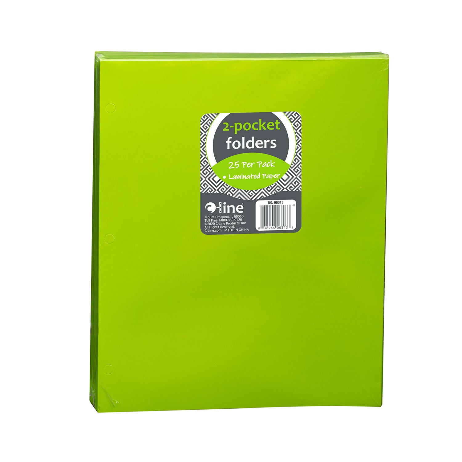 2-Pocket Laminated Paper Portfolios with 3-Hole Punch, Lime Green, Box of 25